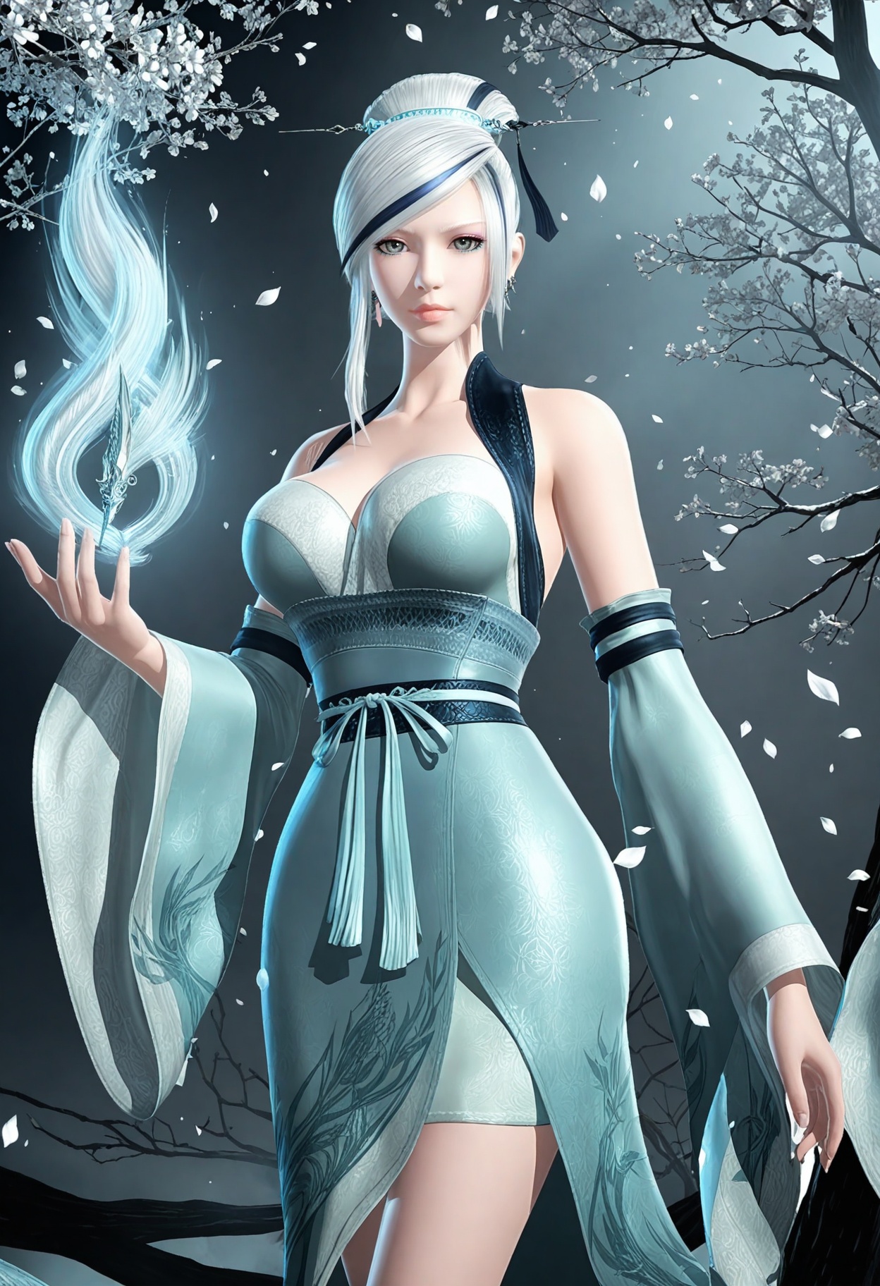 (looking at viewer:1.1),(moody lighting:1.1),in winter,falling petals,intense shadows,(large breasts:0.8),xiaomeng,1girl,solo,white hair,hair ornament,bare shoulders,grey eyes,lips,single hair bun,dress,earrings,cleavage,jewelry,detached sleeves,streaked hair,hair stick,makeup,wide sleeves,high_heels,standing BREAK masterpiece,(best quality),(intricate details:0.9),(realistic skin:1.2),<lora:QQSillxiaomengV1:0.8>,