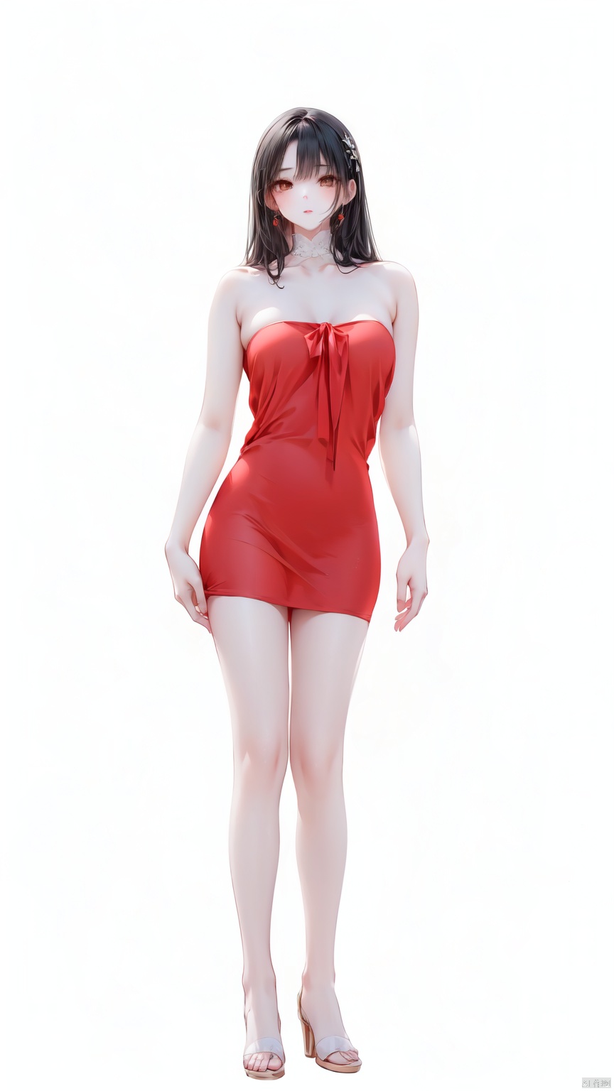 1girl, solo, long hair, black hair, white background, dress, bare shoulders, brown eyes, standing, full body, barefoot, strapless,Red Dress,High Heel Sandals,Medium breast,Big eyes,Cute——Clear hand contour,Hand intact,Five fingers of the hand are clear, loli<lora:EMS-93-EMS:0.800000>, <lora:EMS-254762-EMS:0.500000>, <lora:EMS-260325-EMS:0.500000>
