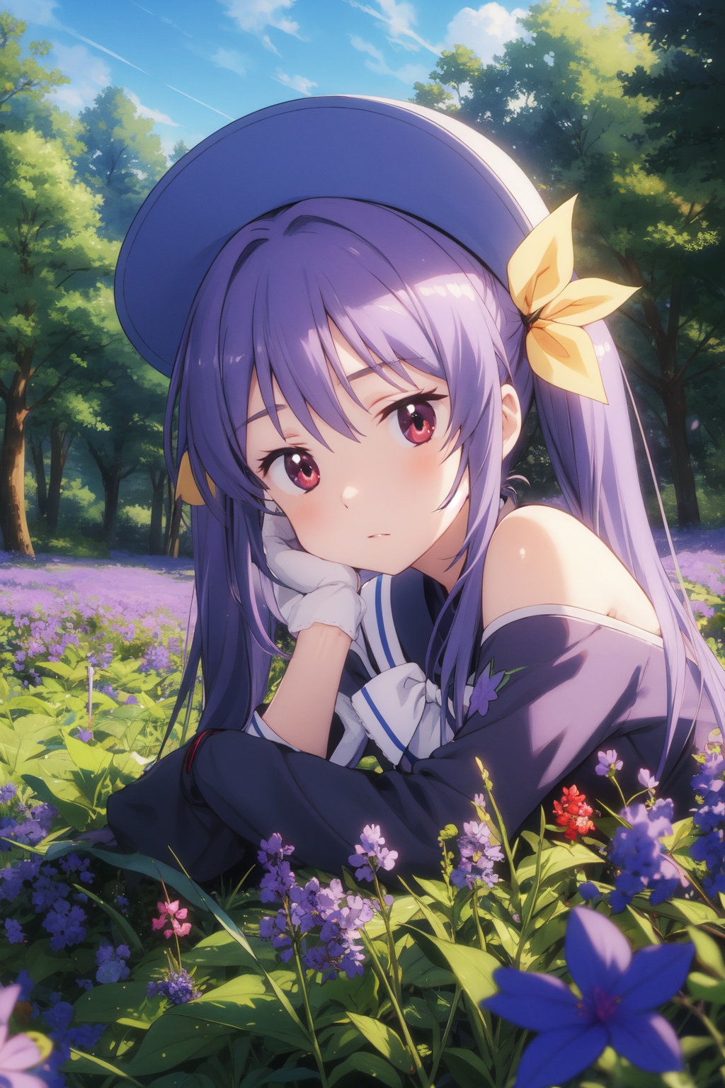 <lora:Renge-000003:0.8>,Renge CYQL,1girl,looking at viewer,solo,twintails,purple hair,long hair,antenna hair,hair ribbon,red eyes,loli,Glamorous and elegant uniform with a knee-length dress, matching hat, and gloves,Guilty, Downcast eyes, slumped shoulders, and a slightly ashamed expression.,full_shot,beautiful face,beautiful eyes,glossy skin,shiny skin,Forest, Bluebells, Trees, Flowers, Spring, Colors, Serenity, Beauty,(Lavender rows, Provencal farmhouse, Rolling hills, Lavender harvest, French countryside, Purple carpet:0.6),beautiful detailed sky,beautiful detailed glow,masterpiece,best quality,beautiful and aesthetic,wallpaper,