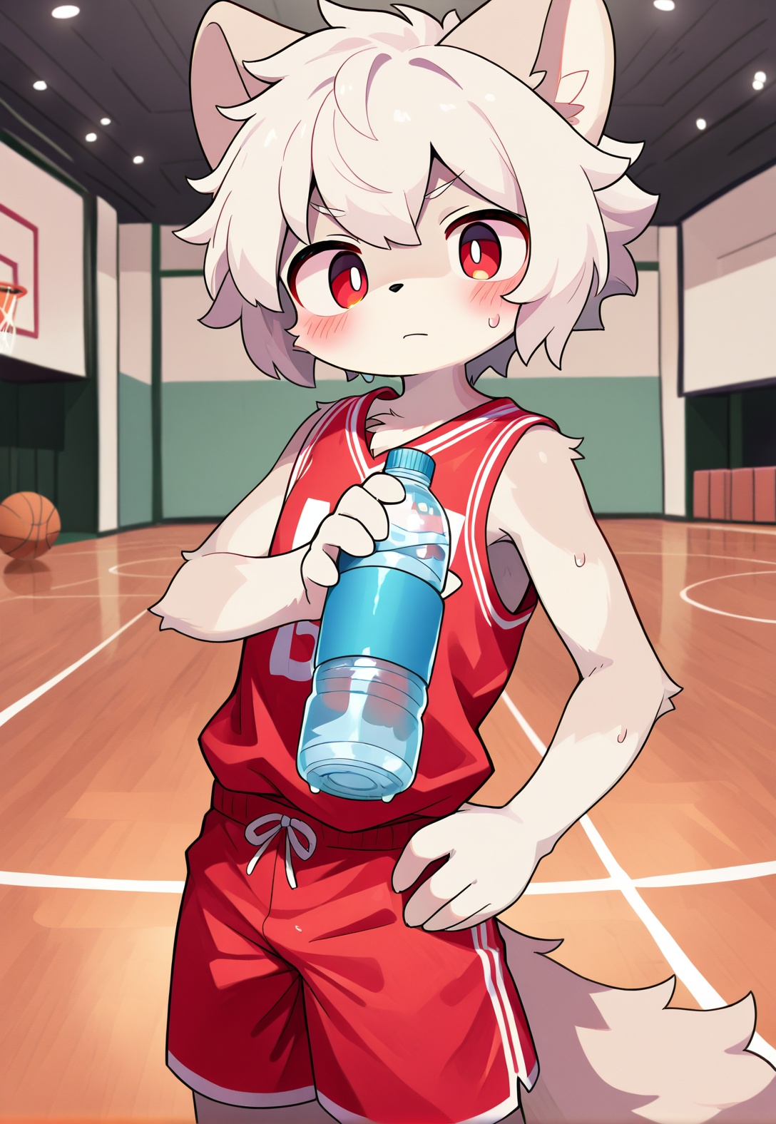 solo,male focus,(white hair,red eyes),indoors,basketball court,looking at viewer,red sleeveless,red shorts,sweat,one hand on hip,holding water bottle,hand on hip,depth of field.,body fur,furry,