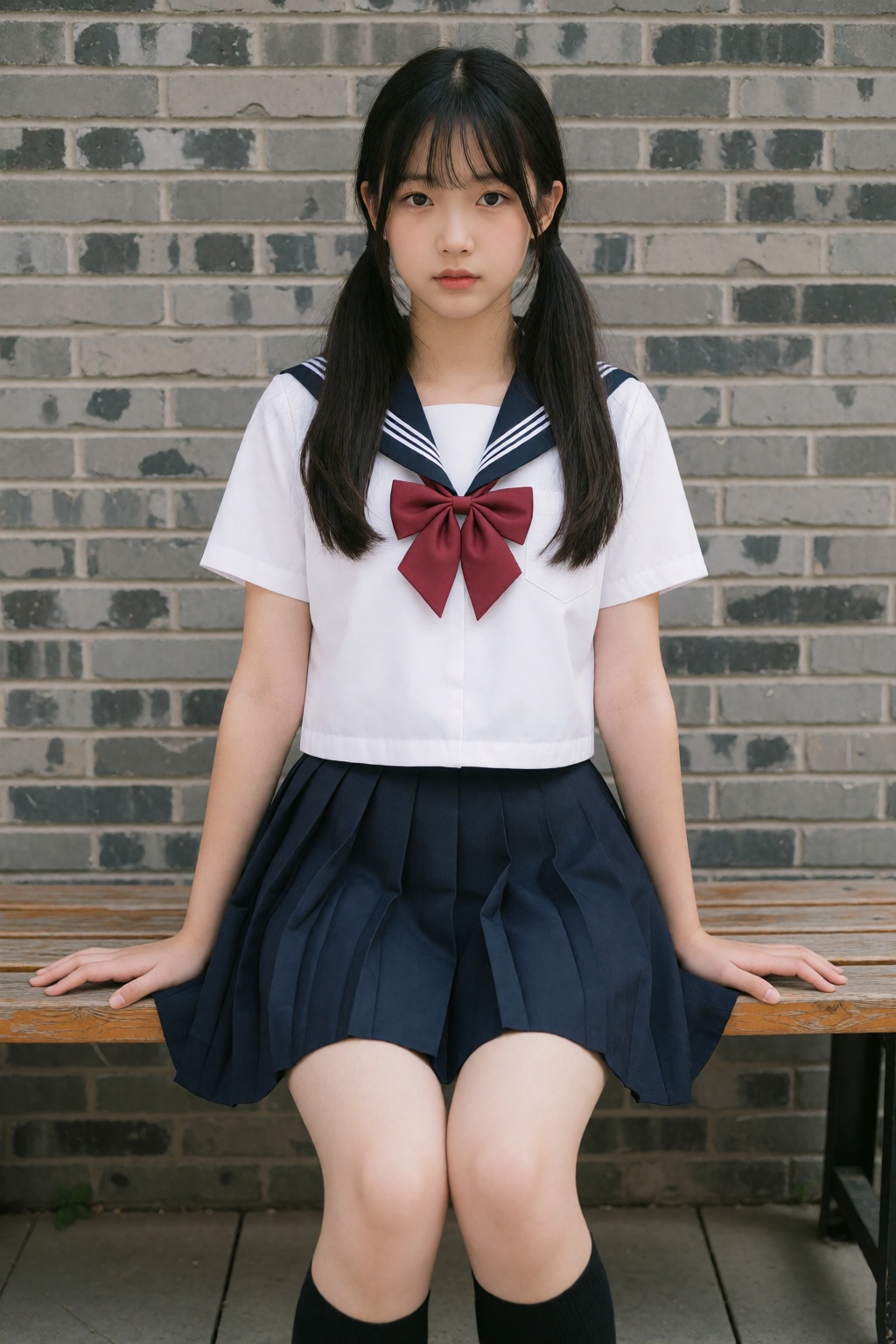 A young Asian woman dressed in a Japanese schoolgirl outfit with twin pigtails,  sitting on a wooden bench against a gray...