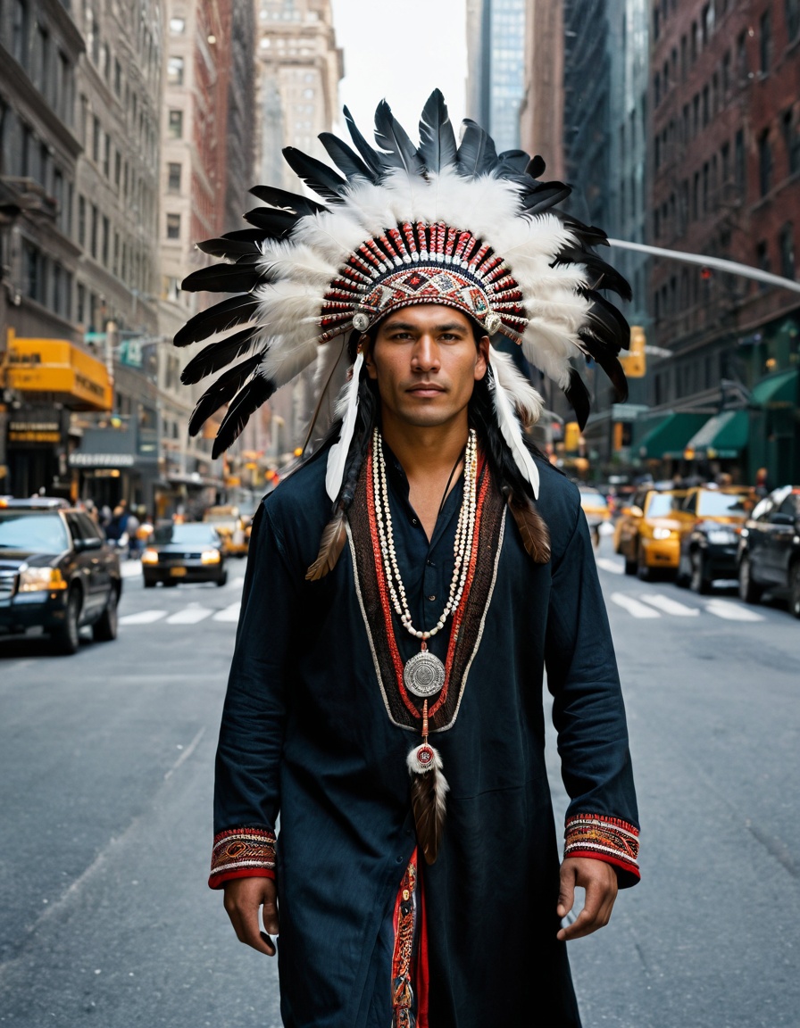 Leica Hasselblad portrait,  hyper-detailed Photography,  a Native American man walks proudly confidently in traditional cl...