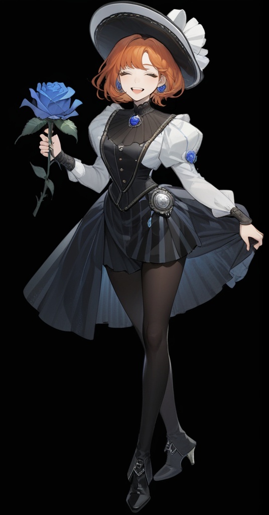 (best quality), ((masterpiece)), (highres), illustration, original, extremely detailed, <lora:GAME美学のTOP_重返未来:0.7>1girl, solo, smile, hat, flower, blue flower, holding, white background, orange hair, blue rose, closed eyes, rose, simple background, full body, high heels, holding flower, black footwear, black headwear, boots, long sleeves, open mouth, pantyhose, short hair, teeth