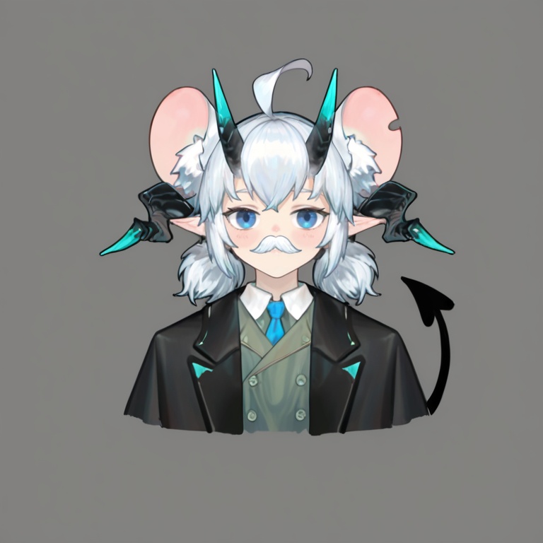masterpiece, best quality,solo,(grey background:1.2),simple background,1girl,looking at viewer, mustache,facial hair,fake facial hair,fake mustache,  dajiaoshu_style,DK_zhengzheng_style,shuangweihuixing,mouse girl,rat ears,horns,blue eyes,pointy ears,ahoge,white hair,2 tails,animal ear fluff,demon tail,demon horns,short hair,twintails,<lora:双尾彗星-3.0-Ill10:0.8>
