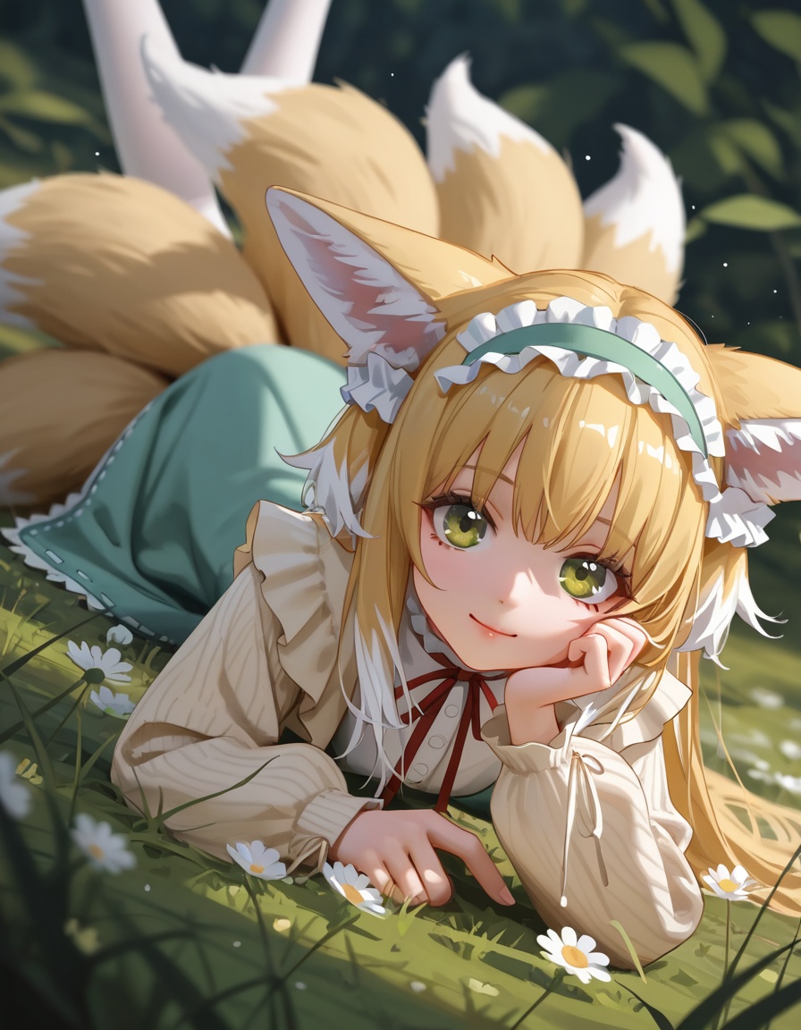 1girl,suzuran \(spring praise\) \(arknights\),(ningen mame:1.1),ciloranko,[sho \(sho lwlw\)],ask \(askzy\),tianliang duohe fangdongye,rhasta,wlop,dynamic angle,dutch angle,on stomach,head tilt,head rest,animal ears,blonde hair,eyes visible through hair,frilled hairband,frilled skirt,grass,green eyes,green hairband,legs up,long hair,long sleeves,looking at viewer,lying,multicolored hair,multiple tails,neck ribbon,official alternate costume,outdoors,plant,red ribbon,ribbon-trimmed skirt,smile,solo,streaked hair,white flower,white pantyhose,white tail,yellow tail,light particles,bloom,depth of field,masterpiece,best quality,good quality,newest,highres,absurdres,