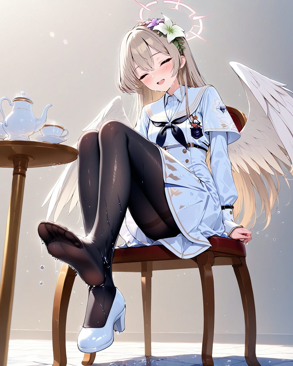 nagisa (blue archive),nagisa (blue archive),nagisa (blue archive),1girl,pantyhose,solo,halo,black pantyhose,flower,long hair,hair flower,hair ornament,closed eyes,shoes,blush,wings,sitting,dress,single shoe,black neckerchief,wet,shoes removed,white dress,white background,long sleeves,bangs,white footwear,light brown hair,teapot,sailor collar,open mouth,simple background,white sailor collar,hair between eyes,no shoes,neckerchief,breasts,wet clothes,cup,teacup,white wings,smile,table,school uniform,feet,capelet,full body,(UHD),anatomically correct,accurate,textured skin,super detail,high details,award winning,best quality,high quality,retina,HD,16k,1080P,(UHD),anatomically correct,accurate,textured skin,super detail,high details,award winning,best quality,high quality,retina,HD,16k,1080P,