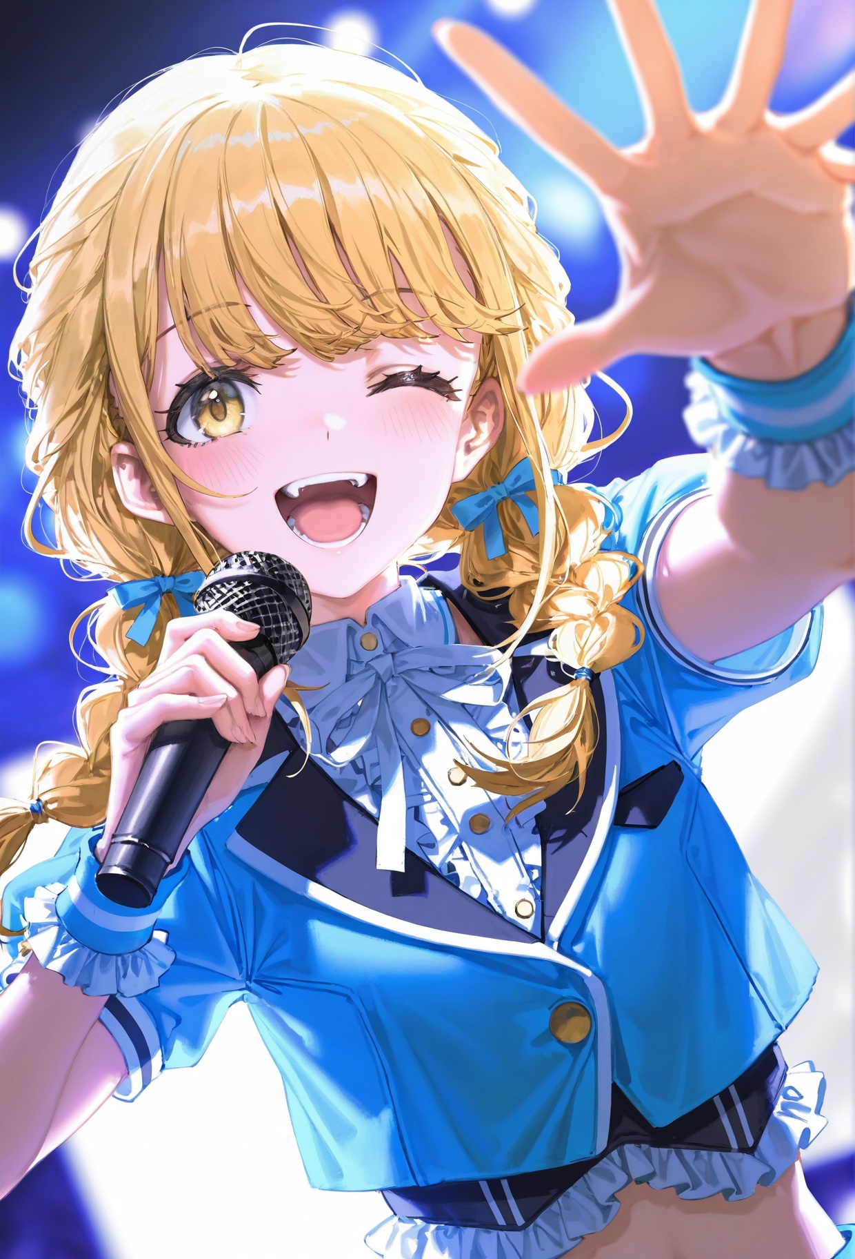 (ebifurya:0.7),(artist:quasarcake:1.1),(artist:wlop:0.9),masterpiece,high score,great score,absurdres,1girl,fujita kotone,gakuen idolmaster,ogipote,ask \(askzy\),yoneyama mai,anime coloring,dutch angle,blonde hair,blurry background,reaching towards viewer,spread fingers,blush,center frills,yellow eyes,one eye closed,crop top,cropped jacket,frilled wristband,frills,holding microphone,music,neck ribbon,open mouth,ribbon,sekaiichi kawaii watashi \(idolmaster\),short sleeves,singing,smile,solo,teeth,tongue,twin braids,upper body,white ribbon,cinematic,depth of field,blurry background,masterpiece,best quality,good quality,newest,highres,absurdres,
