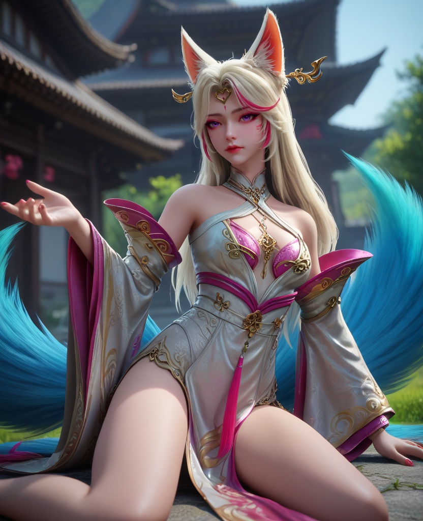 (oriental architecture, elegant decor, sophisticated style:1.1),(thigh straddling:1.1),(breasts:1.2),<lora:XL16克金玩家小狸九尾:0.95>,fox girl,white china dress,purple eyes,facial mark,white hair,pink streaked hair,long hair,fox ears,hair ornament,multiple tails,wide flowing sleeves,pink bra,eyelashes,sharp red fingernails,see-through fart curtain,, zPDXL2, score_9, score_8_up, score_7_up BREAK realistic, masterpiece,best quality, highly detailed,, zPDXL3, zPDXL2,zPDXL, zPDXLxxx, zPDXLrl,