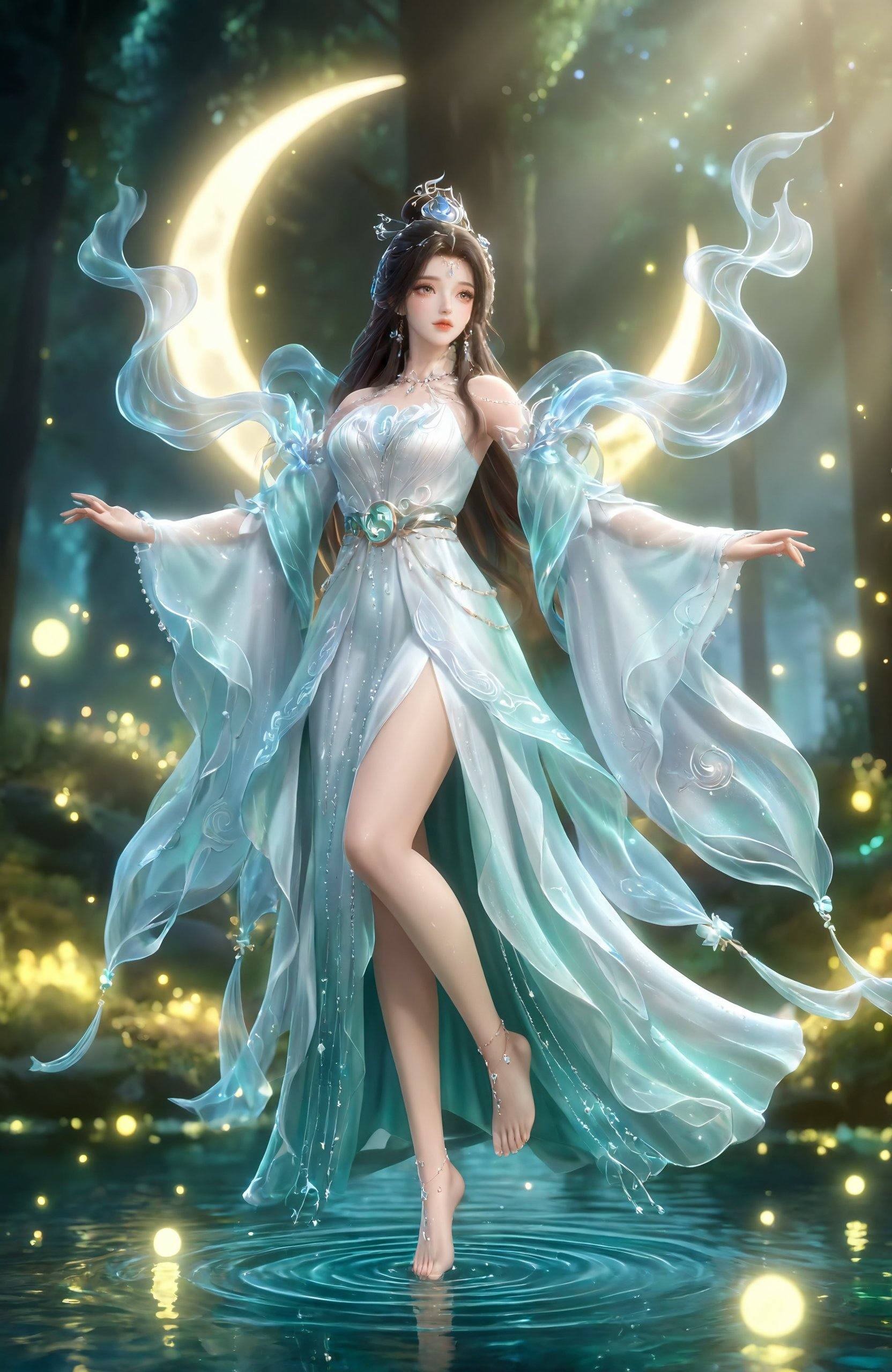 YY Anime style,  This is a digital artwork depicting a fantasy female character standing in a mystical,  moonlit forest. T...
