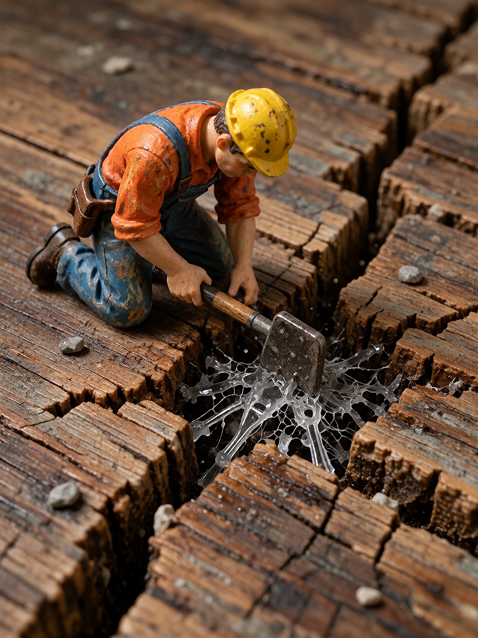 A small hand-painted construction worker figurine kneeling beside a crack in a worn wooden tabletop as if repairing a gian...