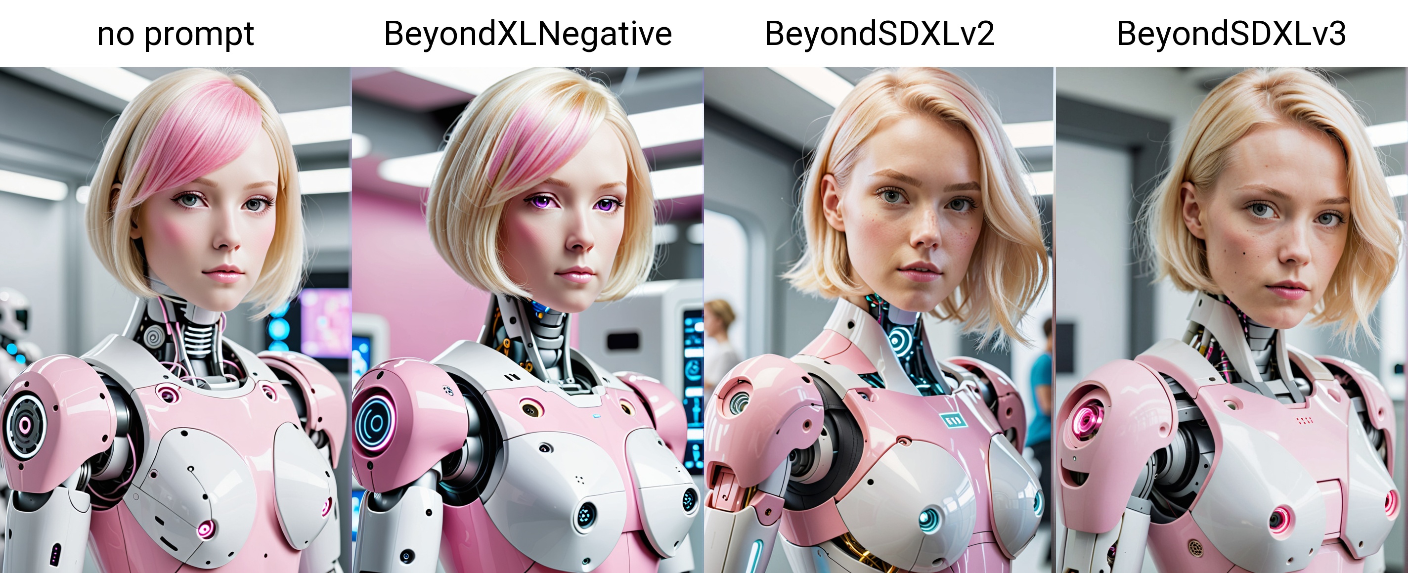 a women robot,  pink and white,  blond hair on Tensor.Art