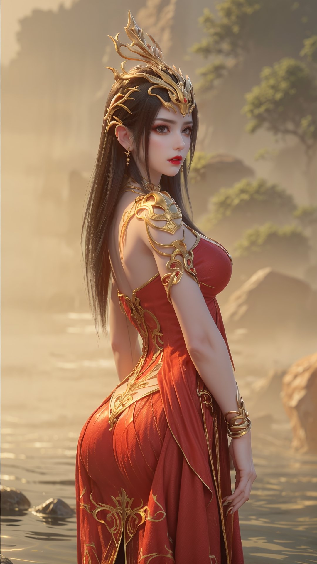 <lora:MDS_20240413045903-000007:0.65>,MDS,1girl,solo,earrings,jewelry,long hair,hair ornament,headpiece,pointy ears,breasts,clothing cutout,red dress,necklace,dress,black hair,blurry background,blurry,red lips,lipstick,makeup,closed mouth,bracelet,<lora:SLS_20240322204641-000005:0.55>,water censor,body in water,big breast,cleavage,hair ornament,long hair,soak in the water,(looking at viewer:1.3),(water:1.1),partially submerged,realistic,reflection,sunshine,light rays,light reflection \(water\),bottomless water,can't see the bottom,sparkling water,from the back,ass,wind,