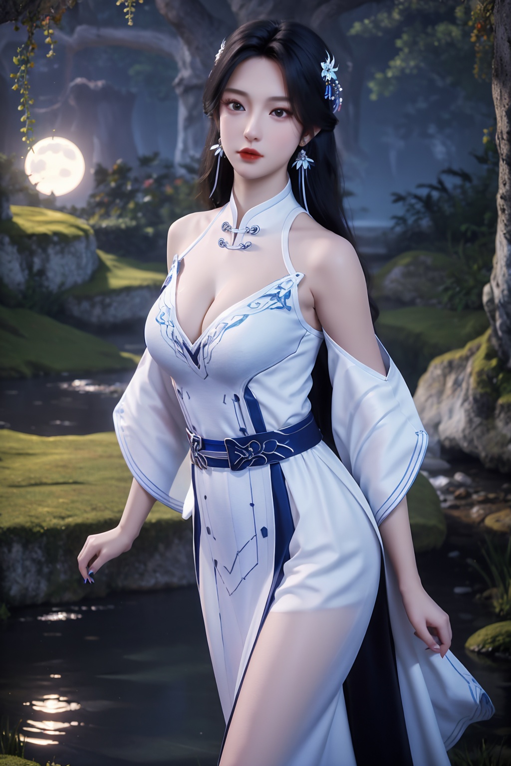 standing,dress,chinese clothes,flower,full_moon,moon,night,lily_pad,lotus,moonlight,nipples,water,night_sky,lily_\(flower\),sky,partially_submerged,1girl,solo,hair ornament,realistic,nail polish,photo_\(medium\),(big breasts, cleavage),makeup,(8k, RAW photo, best quality, masterpiece:1.2),(realistic, photorealistic:1.3),ultra-detailed,extremely detailed cg 8k wallpaper,(crystalstexture skin:1.2),extremely delicate and beautiful,(sexy pose:1.2),chinese dress,