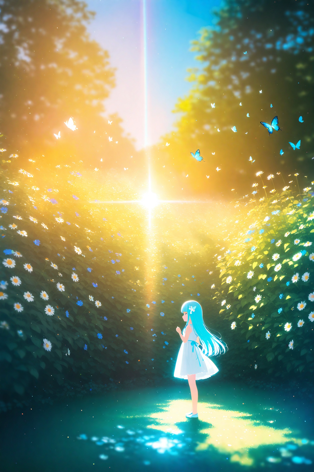 masterpiece,best quality,high quality,(colorful),1girl,loli,wide shot,(depth of field),global illumination,soft shadows,backlight,lens flare,((colorful refraction)),((cinematic lighting),looking outside,with butterfly,1girl with lightblue long hair and blue aqua eyes,hair flowers,hime cut,sunlight,blurry background,blurry,garden,White Dress,,