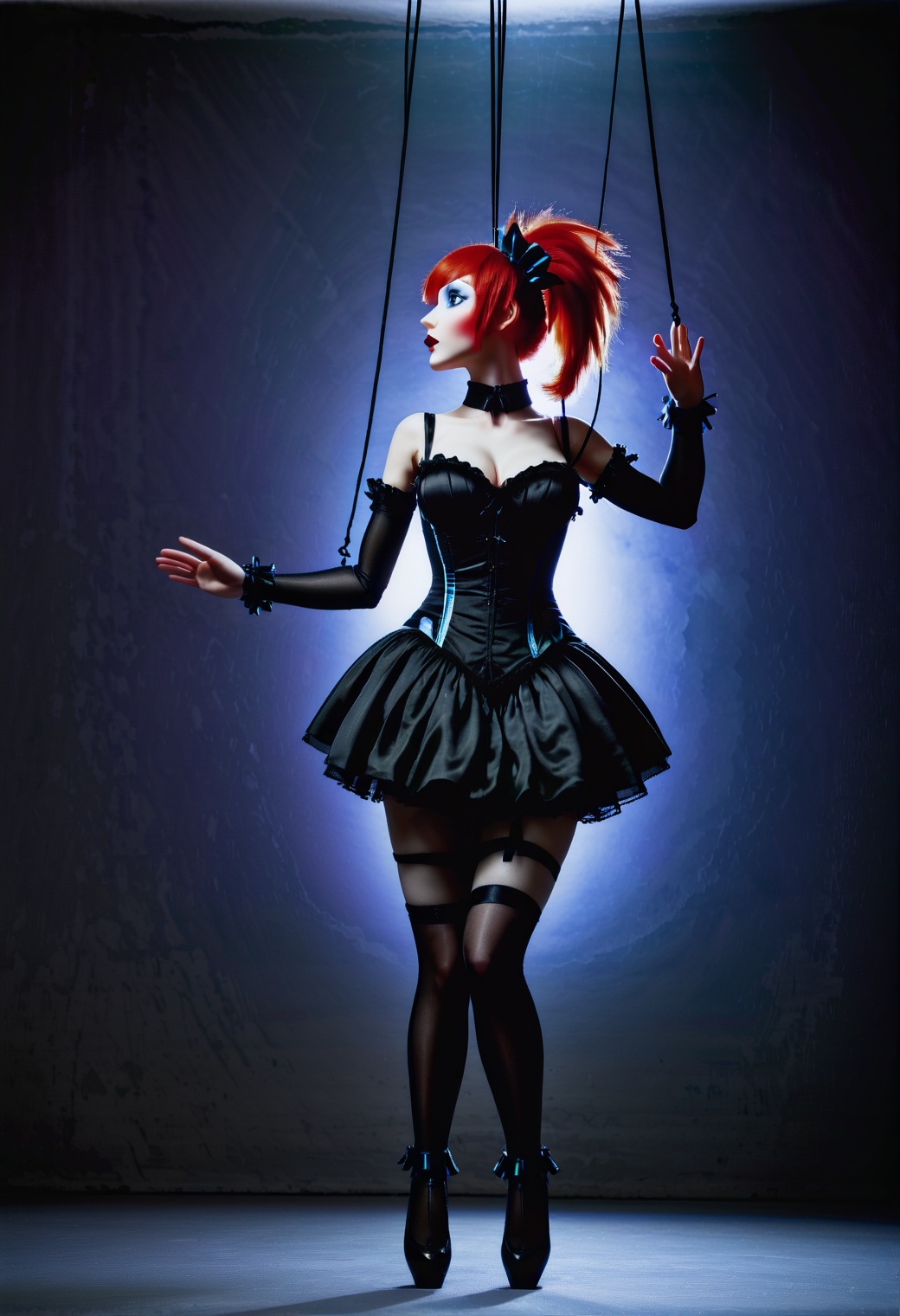 marionetka,  a puppet with red hair and a black corset,  is suspended by on Tensor.Art