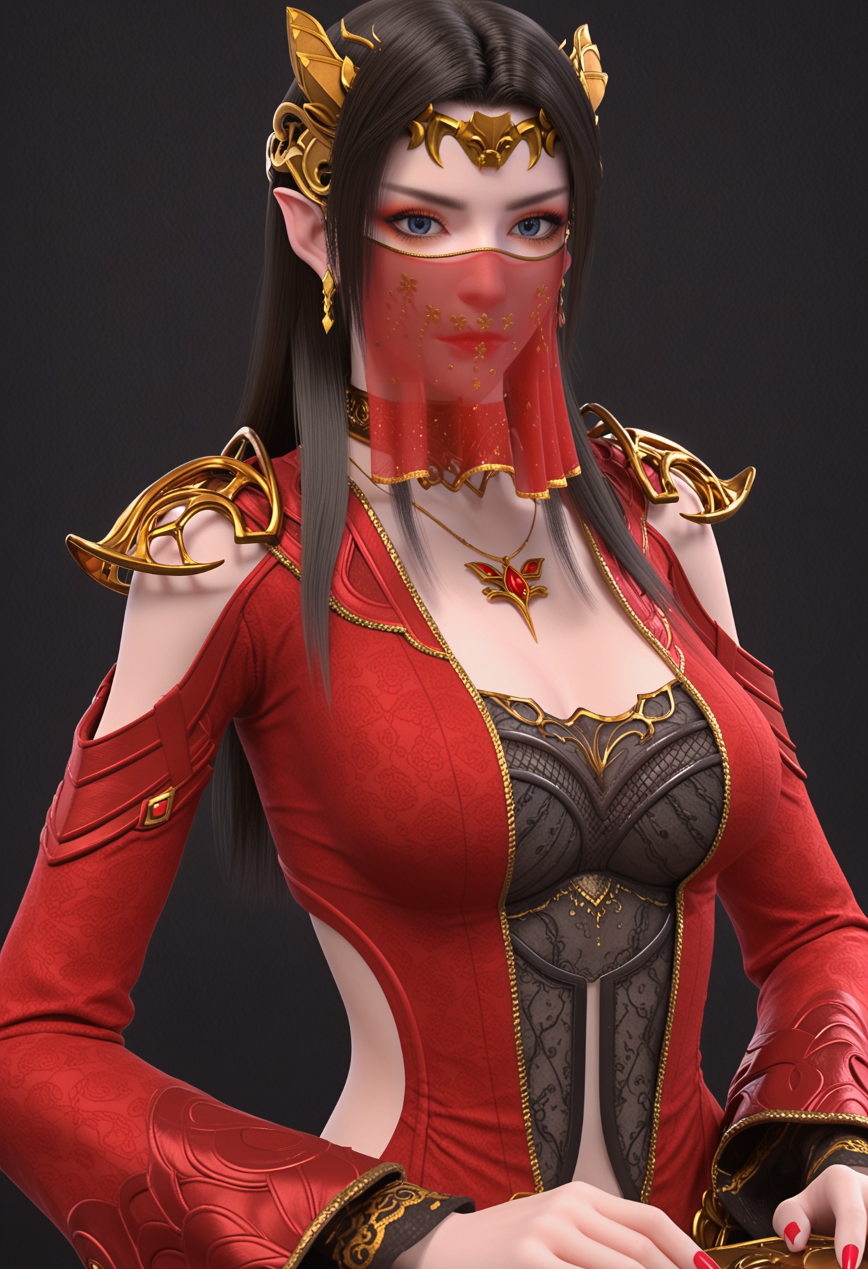 (looking_at_viewer:1.2),(upper_body:1.2),<lora:YQ_pony_meidusha_V7:0.8>,solo,1girl,q1528437228,long hair,black hair,jewelry,hair ornament,earrings,dress,red dress,necklace,blue eyes,collar,metal collar,brown hair,high heels,red footwear,circlet,armor,red jacket,cleavage,veil,mouth veil,(simple background,pure black background,black background:1.1),perfect_anatomy,