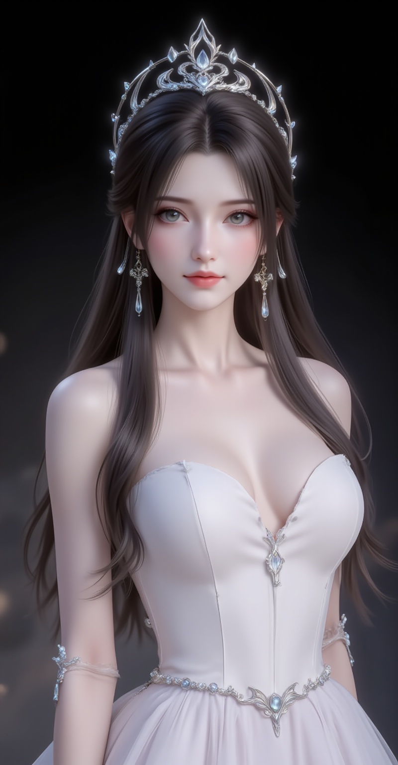 <lora:晚礼服2·人物百搭款5:1.1>,fuzhuang,1girl,dress,solo,bare shoulders,white dress,wedding dress,breasts,strapless dress,strapless,jewelry,black_background,simple background,cover,gradient background,close-up details,outstanding style,adding a touch of dimension to your images without compromising details,close-up,<lora:DJ滤镜_2.5D版:0.3>,lvjing,<lora:油画唯美滤镜15:0.2>,baoshi,<lora:清漪·衣服百搭款·6:1.1>,qingyi,black hair,long hair,jewelry,earrings,hair_ornament,grey eyes,crown,(large breasts:1.2),