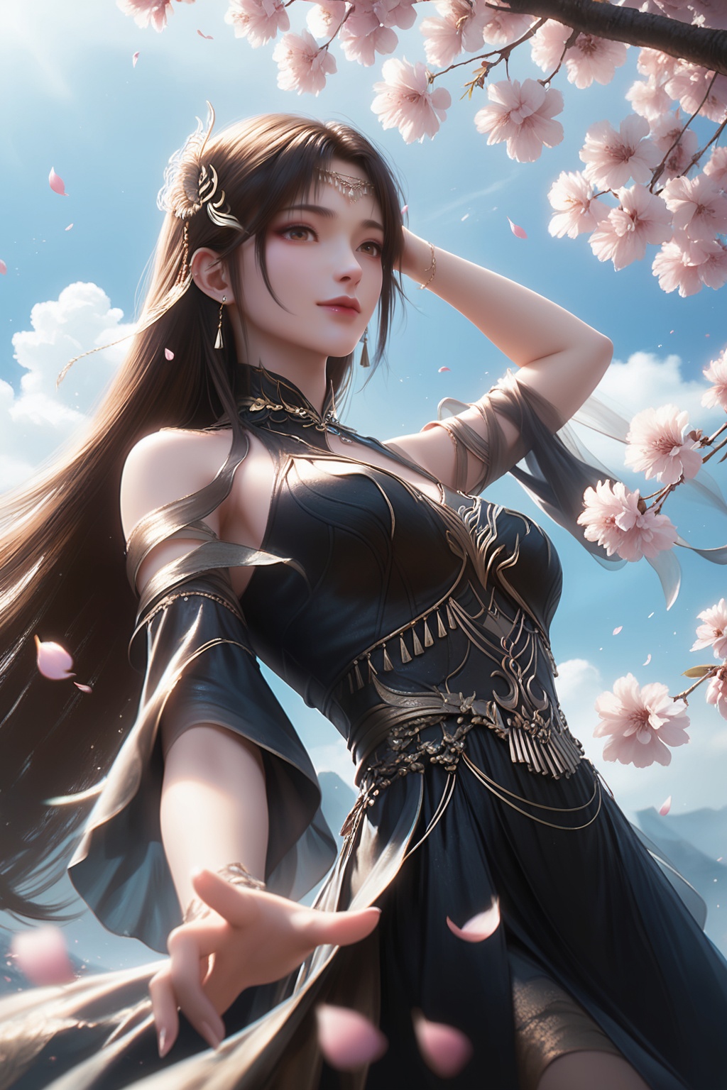 1girl,solo,upper body,flower,dress,sky,earrings,hair ornament,blue sky,long hair,jewelry,petals,looking at viewer,cherry blossoms,branch,falling petals,medium breasts,<lora:wy_huolinger_hj_XL1.0:0.8>,brown hair,brown eyes,black dress,, score_9,score_8_up,score_7_up,score_6_up,score_5_up,score_4_up,