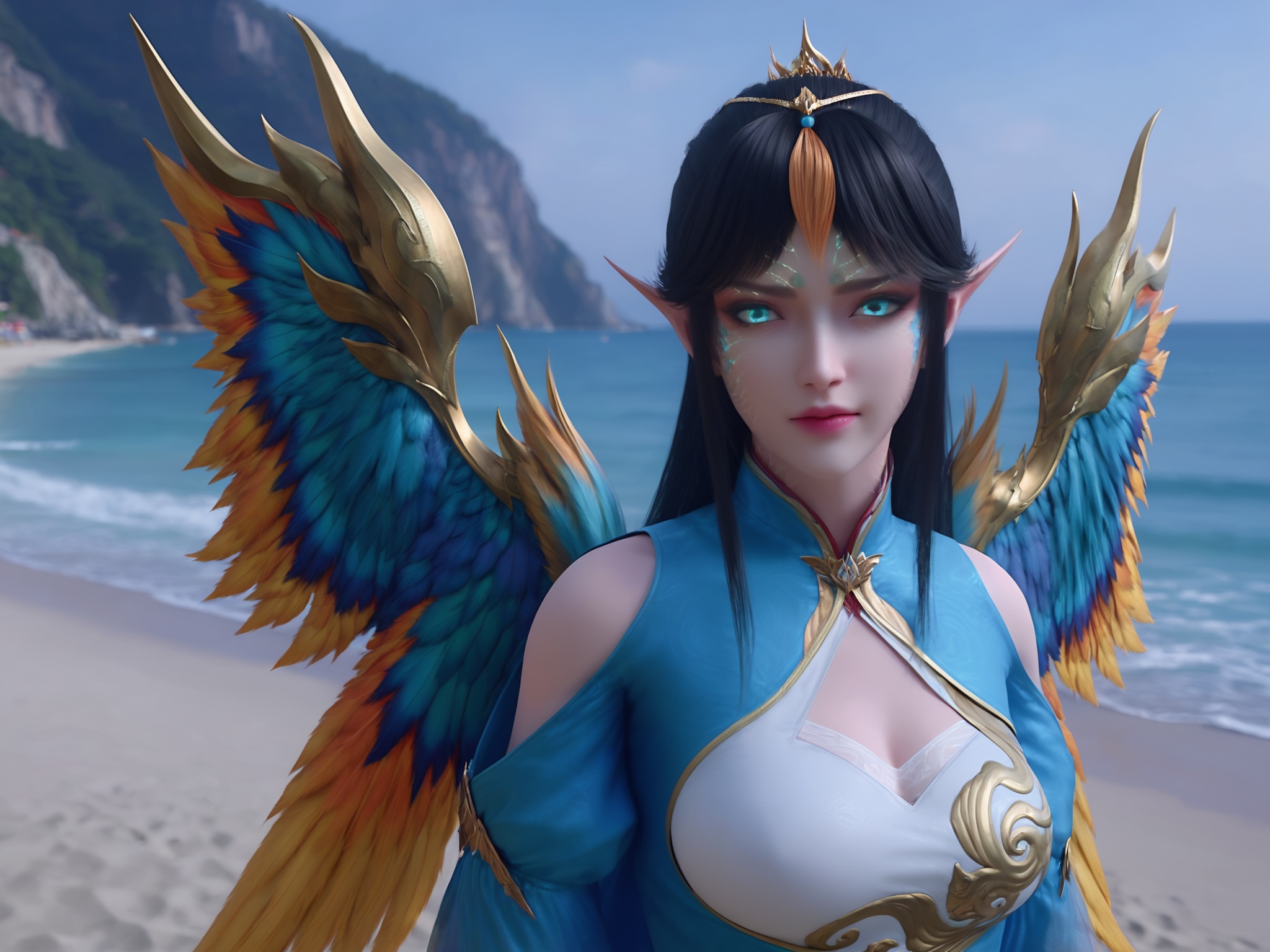 realistic style photo outstanding style,Use soft lighting to cast gentle shadows on the subject,adding a touch of dimension to your images without compromising details,score_9,Seaside,beach,waves,<lora:斗破凤清儿变身Pony:0.8>,blue eyes,dark hair with a striking blonde streak and pointed,elf-like ears,a intricately designed outfit in shades of blue and white,featuring intricate gold embroidery and a high collar,luminescent wings,(wings:1.2),