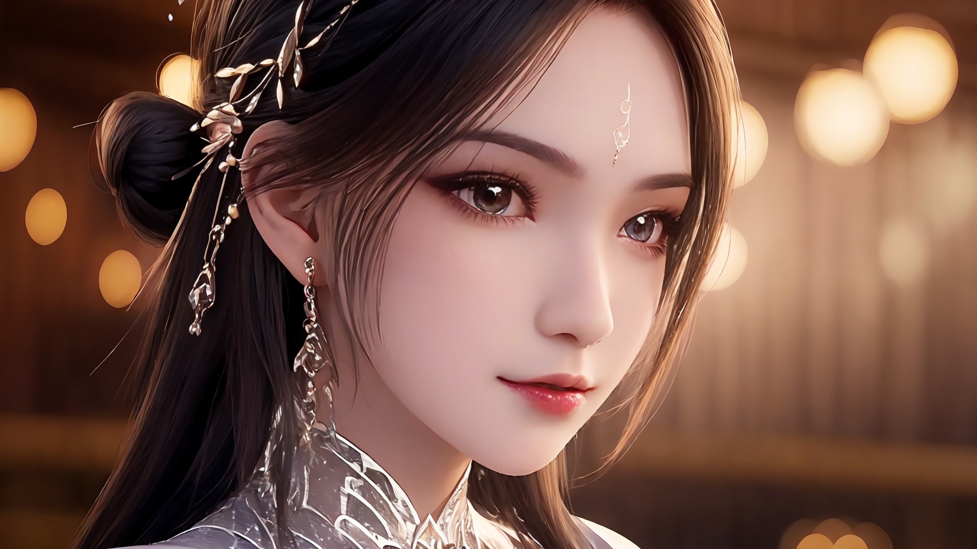 1girl,hair ornament,long hair,forehead mark,solo,black hair,facial mark,upper body,index finger raised,dress,looking at viewer,jewelry,white dress,hair bun,blurry background,<lora:girl solo luxueqi_20240911015355:0.8>,
