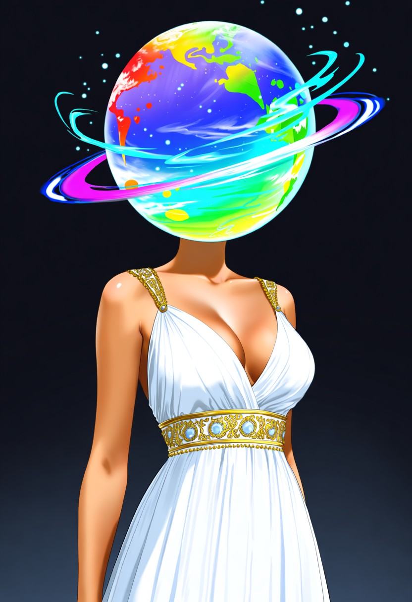 A cinematic anime artwork of a prestigious,  beautiful woman dressed in an all-white dress adorned with luxurious gold tri...