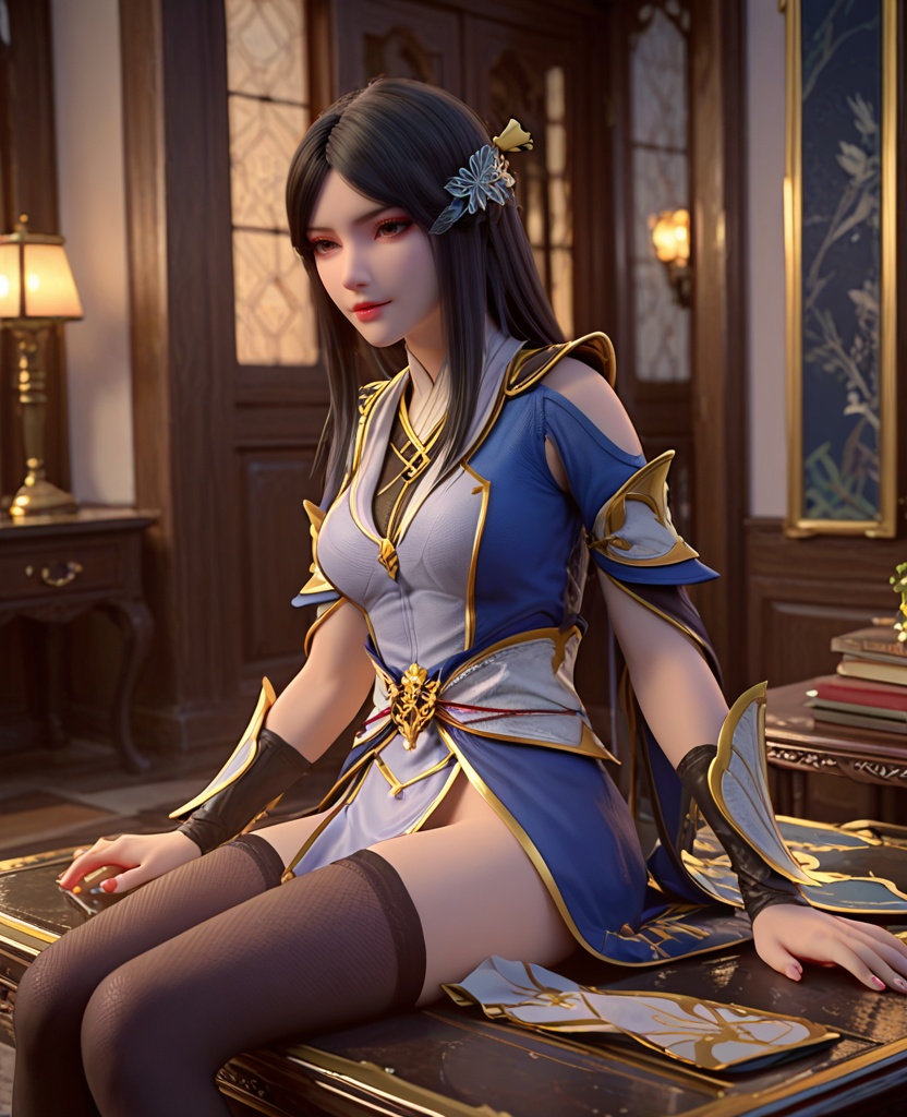 (oriental architecture, elegant decor, sophisticated style:1.1),(legs over head:1.1),looking at viewer,(breasts:1.2),<lora:XL斗破苍穹柳菲:0.95>,miss liufei,blue dress,black hair,long hair,hair ornament,hanging hair,parted bangs,brown eyes,makeup,leather sash,lips,wrist cuffs,pelvic curtain,black thighhighs,, score_9,score_8_up,score_7_up,score_6_up,score_5_up,score_4_up,3d rendering,tag1,tag2, Cinematic Lighting,backlighting,, zPDXL3, zPDXL2,zPDXL, zPDXLxxx, zPDXLrl,