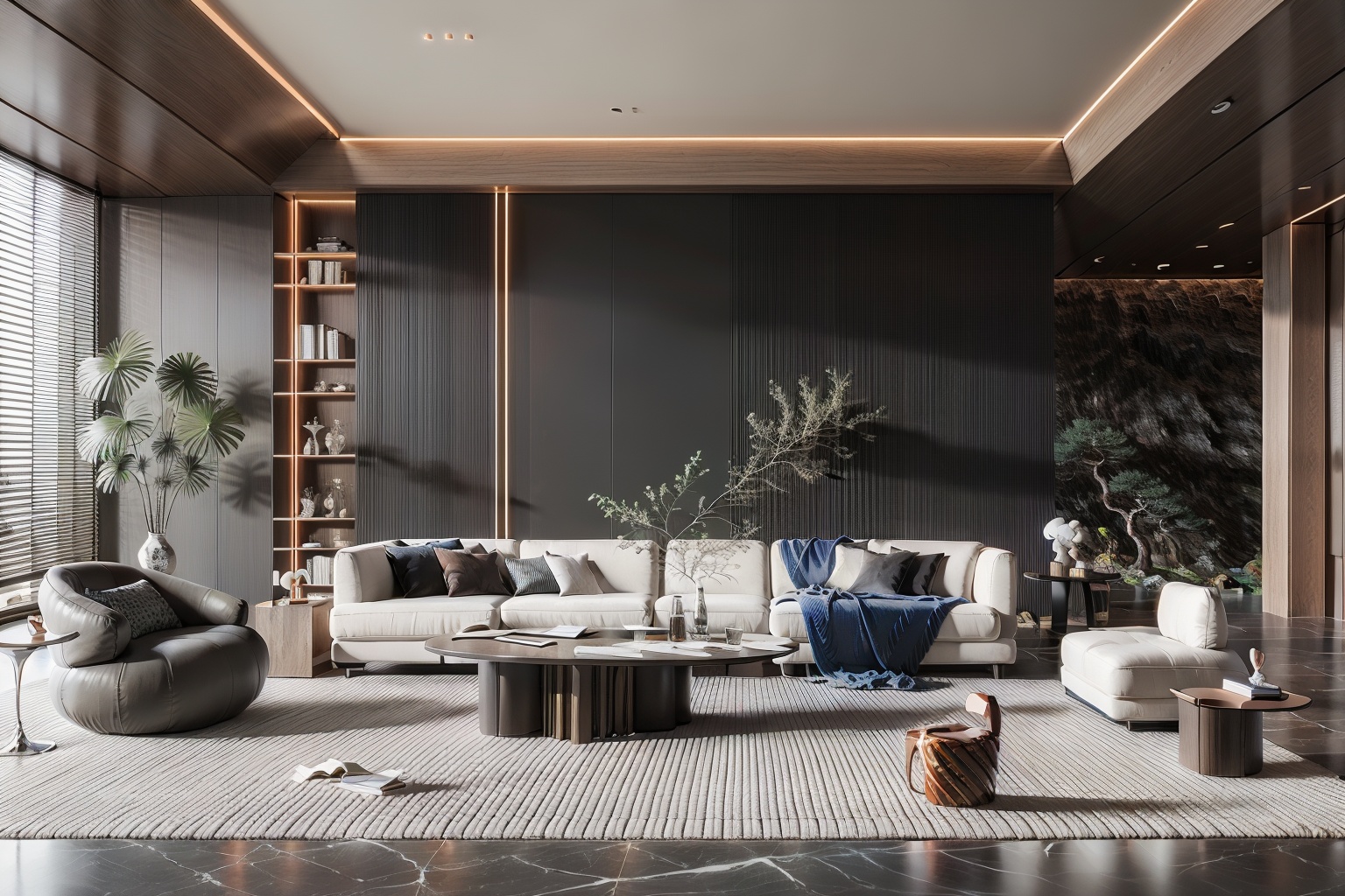Lao Chen Jingdian, bed, scenery, no humans, tree, window, table, book,interior design, living room, masterpiece,best quality,unreal engine 5 rendering,movie light,movie lens,movie special effects,detailed details,HDR,UHD,8K,CG wallpaper