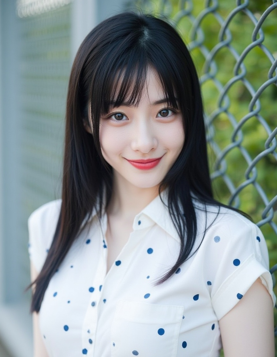 A photograph of a young East Asian woman with straight, long black hair and bangs, wearing a white short-sleeved shirt with blue and dark blue polka dots. She has fair skin, a slim build, and is standing in front of a metal chain-link fence, with greenery visible in the blurred background. Her expression is neutral, and she has a delicate, natural makeup look with red lipstick.