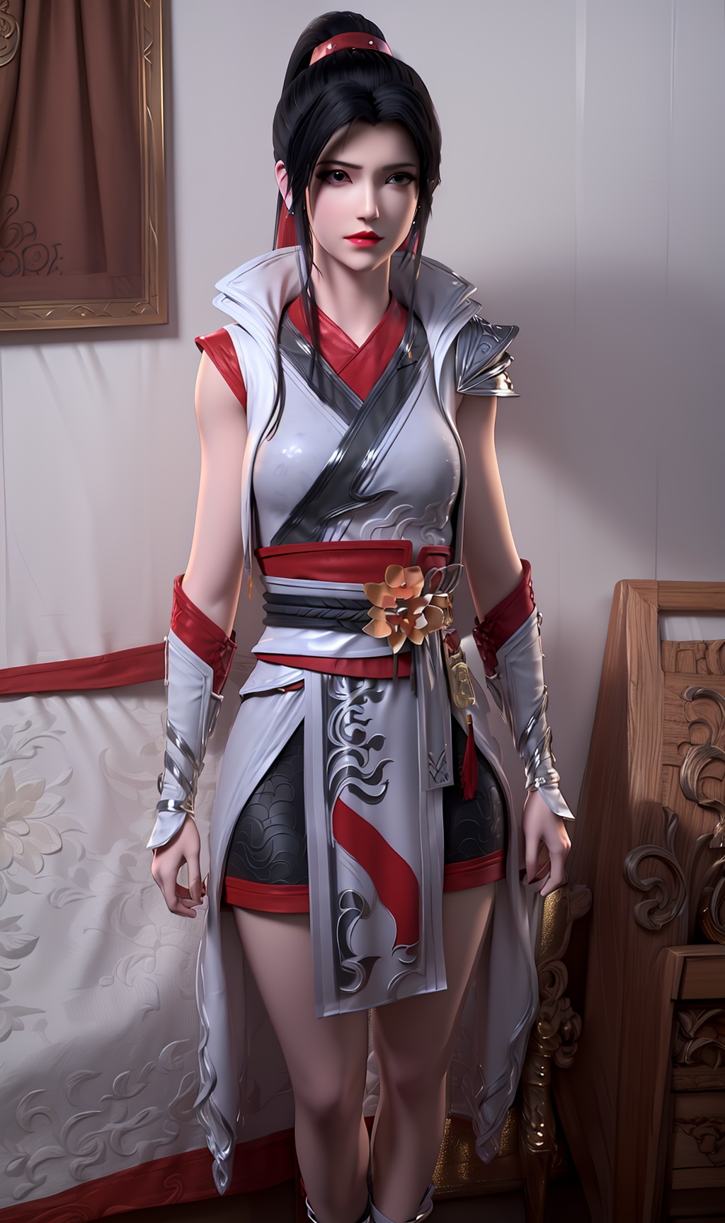 3D,masterpiece,(best quality),(makeup),official art, extremely detailed cg 8k wallpaper,((crystalstexture skin)), (extremely delicate and beautiful),(highly detailed),(face),(ponytail),(collar),(1girl), (solo), (jewelry), (earrings),(black_hair),(long_hair),(hair_ornament),(handwear),(wristband),(breast),((standing)),((upper_body)),(dress),(shorts_under_skirt),(chinese_clothes),(multicolored_clothes),(multicolored_dress),,(shiny_clothes),(long_legs),(sash),(armored_dress),(thigh_Ring),(closed_mouth),(room,bed),((looking_at_viewer)),((Facing the camera)),, <lora:hipoly3DModelLora_v10:0.3>