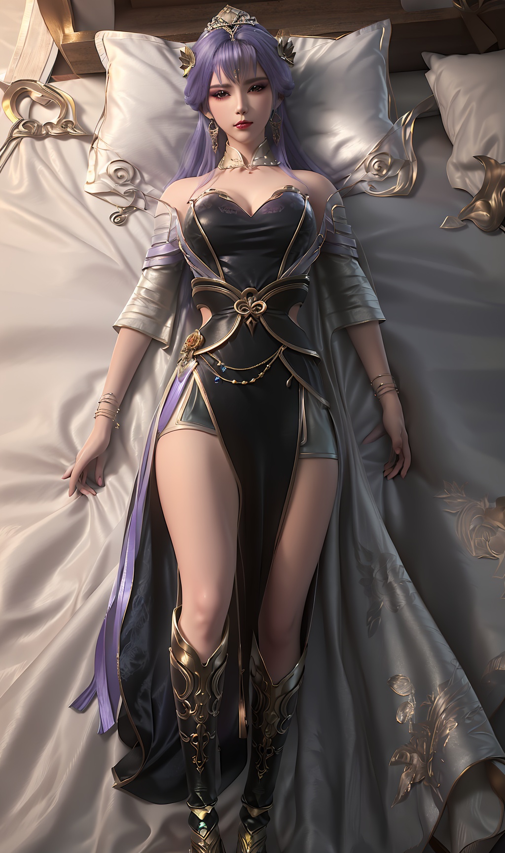 3D,masterpiece,(best quality),(makeup),official art, extremely detailed cg 8k wallpaper,((crystalstexture skin)), (extremely delicate and beautiful),(highly detailed),(face),(1girl), (solo), (jewelry), (earrings),(purple_hair),(long_hair),(hair_ornament),(handwear),(breasts),((lying)),(collar),(headgear),(tassel),(long_sleeved),(detached_sleeves,(facial_mark),(bangs),(bracelet),,((tiara)),(hairpin),((crown)),(arms_behind_head),((full_body,whole_body)),(dress),,(multicolored_clothes),(multicolored_dress:1.000),(closed_mouth),(traditional_clothes:1.000),((long_dress,long_skirt)),,(gown),(shiny_clothes),(closed_mouth),(sunshine, outdoor,bed),((looking_at_viewer)),((Facing the camera)), (long_legs),(armored_boots), (knee_boots),, <lora:hipoly3DModelLora_v10:0.3> <lora:枫岫-百炼成神-天穹00:0.7>