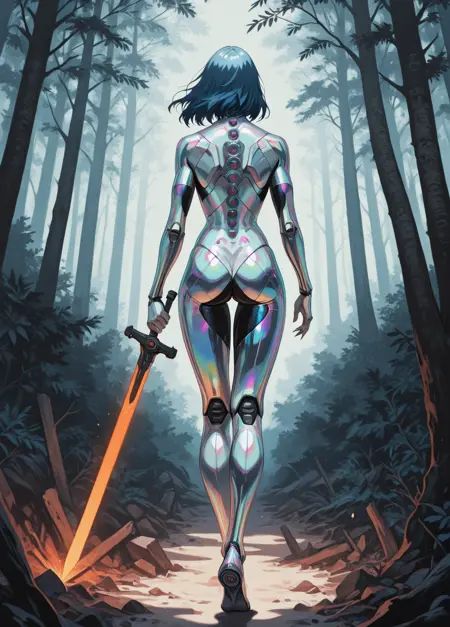 realistic,  masterpiece, best quality, amazing quality, highres, absurdres, very aesthetic, very awa,expert shading, ultra detailed, UHD, 8K,BREAK, 3l3ganc3, semi-realism,1girl, candid shot, cowboys shot, full body,cyberpunk illustration of beautiful bluebot cyborg girl, medium length hair, blue hair, hiding in forest with her heavy gun sword. sword splits the image in half.  orange and black robotic body suit. extremely intricate armor,  muscular, long finger nails, (iridescent silver body parts:1.35), sci fi theme, best quality, soft light, sharp shadows, anime ink lines, she is partially hidden behind large red and black leaves,