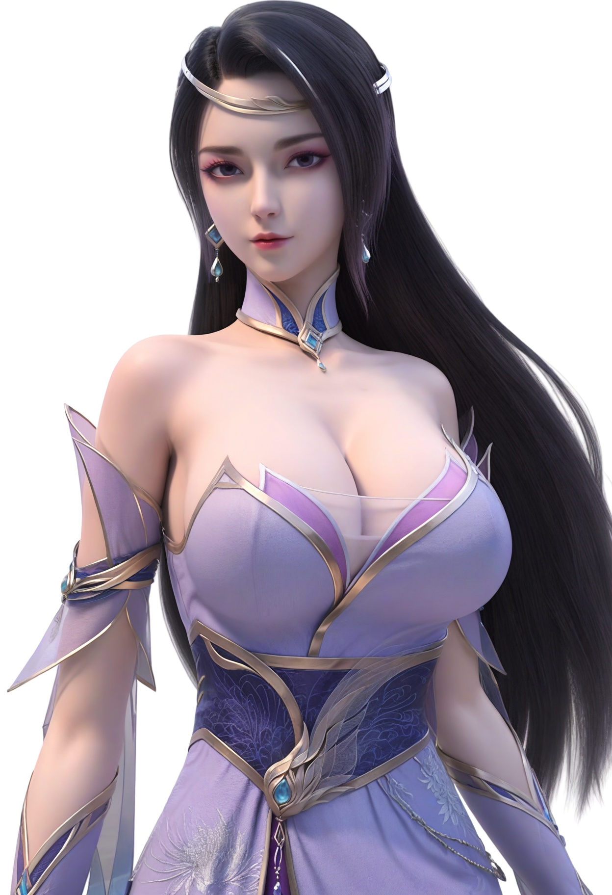 score_9,<lora:SF_ChuLingYu_Pony_Realism2.3-000004:0.7>,hair ornament,black hair,dress,long hair,eyeshadow,1girl,breasts,large breasts,dress,detached sleeves,solo,looking at viewer,white background,simple background,