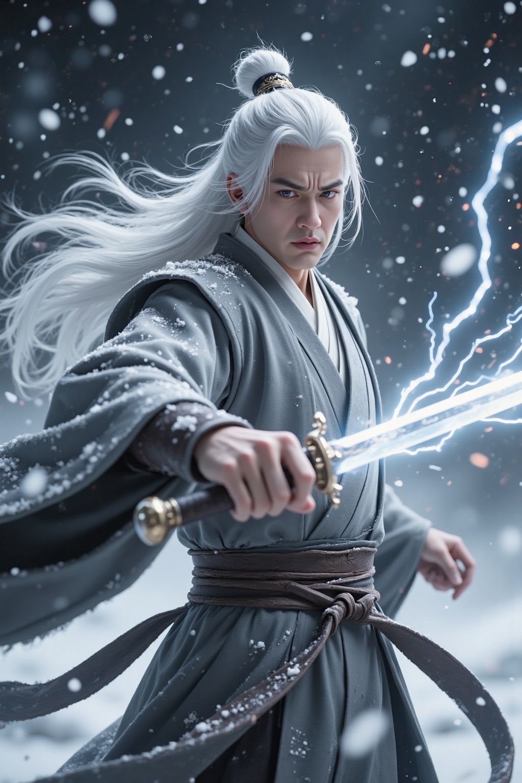 CGI,CG,A white haired old man,holding a sparkling sword and wearing a gray robe,tied his long hair into a bun,with a nervous expression. It was snowing,with snow on his shoulders and lightning flashing on the sword. Snow and sparks danced around,and the flowing energy dispersed in all directions. The background was snowy,and from a close-up perspective,subtle light illuminated the scene. The exquisite features of keen eyesight,firm posture,decorative buckle,and flowing belt at the back created a peaceful and energetic atmosphere,blending elements of fantasy and martial arts.,from_below,dutch angle,dynamic_angle,