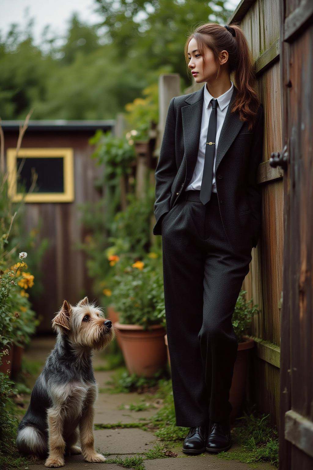 midjourney photograph.A young English woman with long hair style into a ponytail,  wearing a formal black suit with a whit...