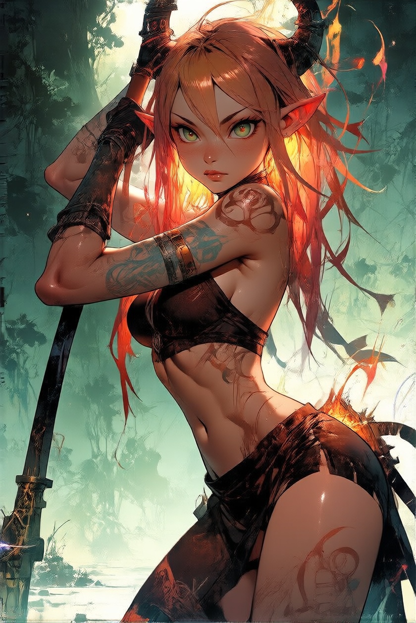 PosingDynamicsDaal,  Medium close - up dynamic pose showcasing a muscular elf - like warrior with vibrant red hair cascadi...