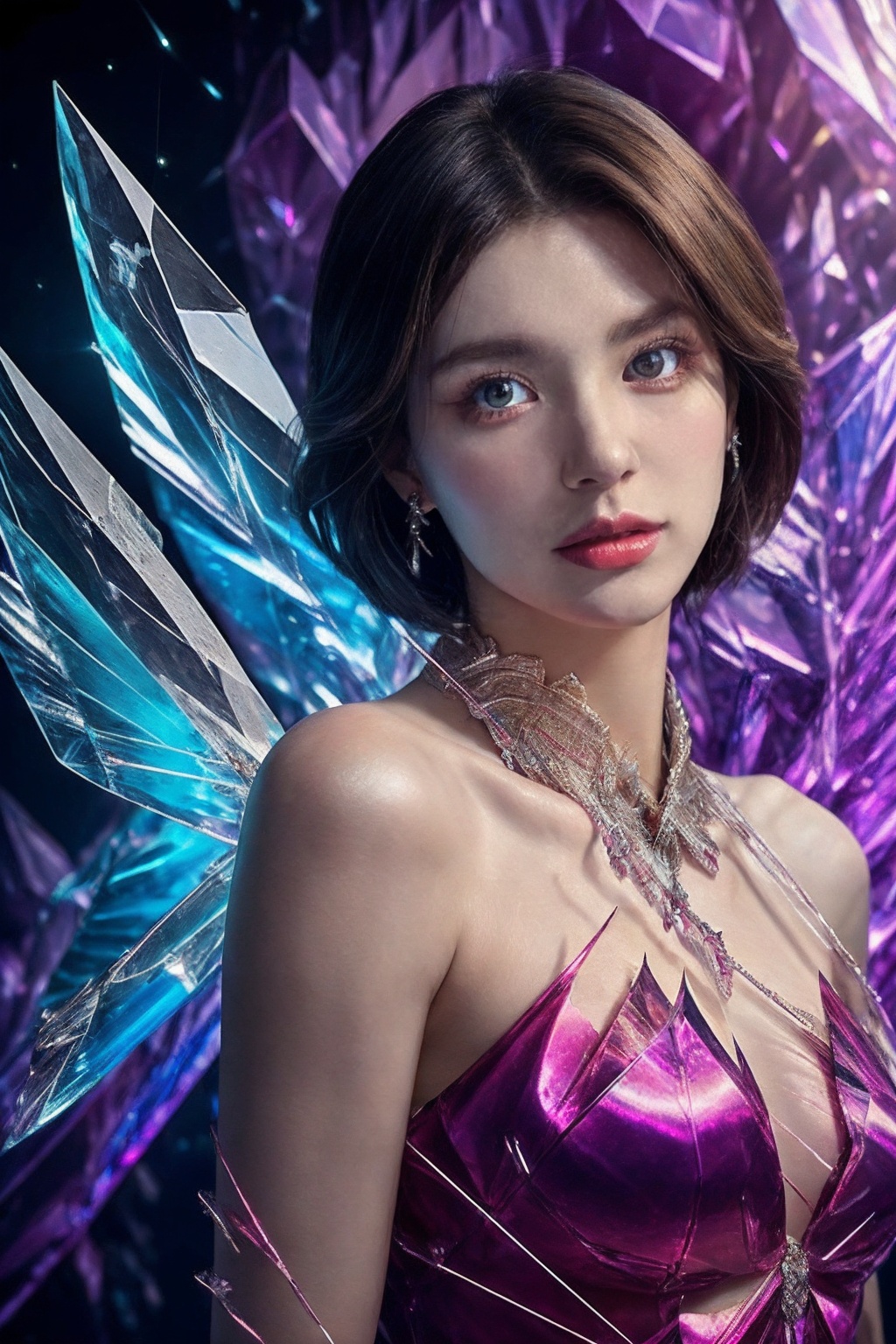 Epic composition,photo realistic,ultra detailed,highly detailed,ray tracing,upper body,1girl,solo,bare shoulders,exquisite face,beautiful eyes,crystal wings,her torn skin revealing the wires inside,crystal components,spark,inners visible,<lora:crystal_20231127214245-000018:0.7:lbw=1,1,0,0,0,1,1,1,1,1,1,1,1,1,1,1,1>,crystal,