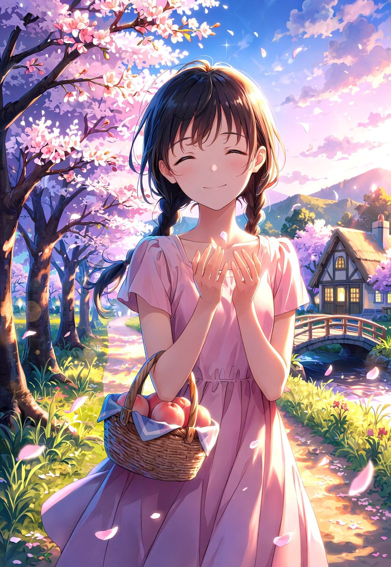 A young girl in a delicate pink dress strolls through a cherry blossom orchard in full bloom,  her fingers lightly grazing...