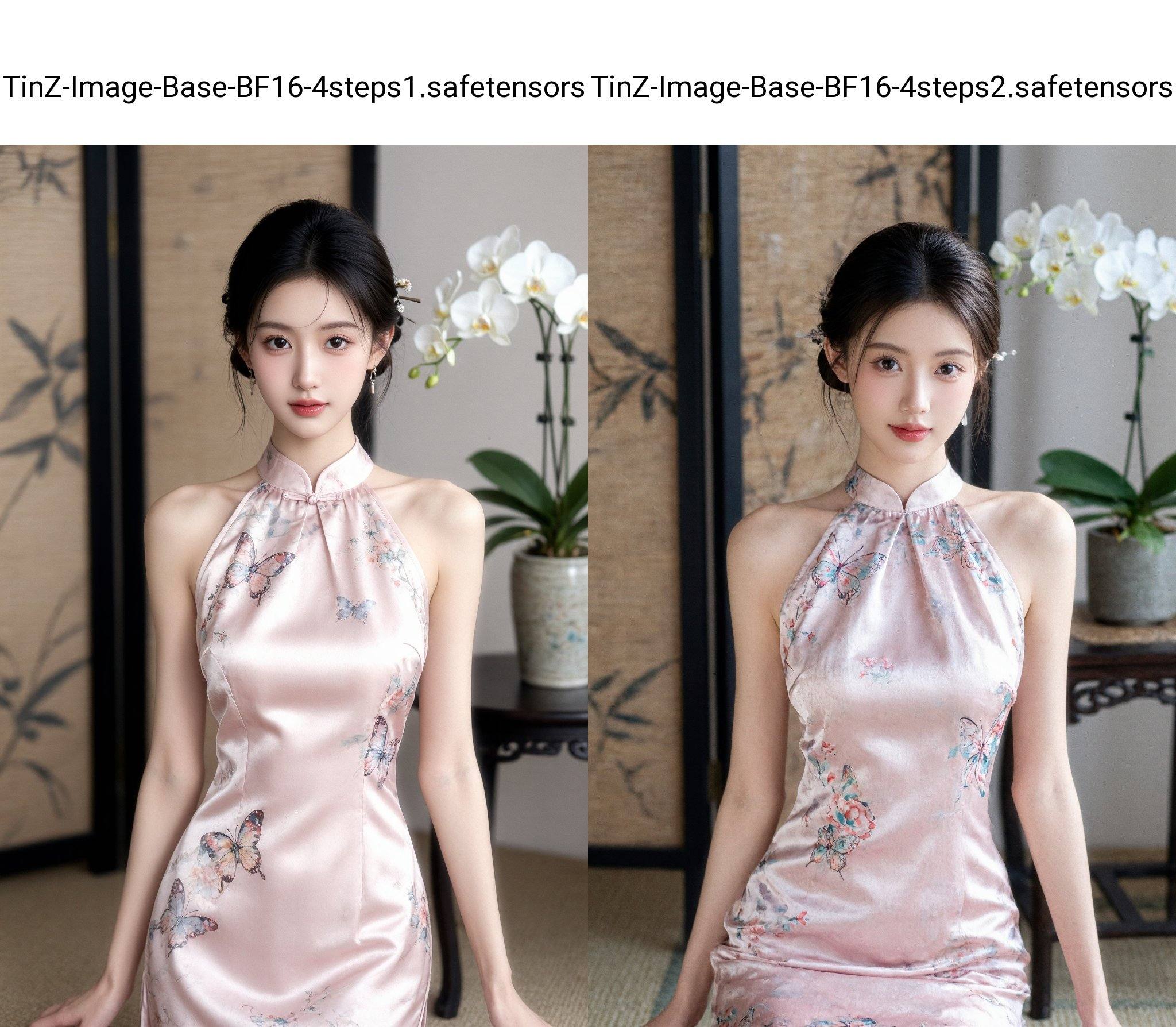 A young Asian woman, approximately in her early twenties, stands gracefully, her slender figure accentuated by a pale pink, halter-neck Qipao dress. The dress, crafted from luxurious satin, is adorned with delicate, multi-colored butterfly and floral patterns, lending an ethereal quality. Her dark hair is elegantly styled in a bun, secured with subtle hair accessories. Her fair complexion glows with a natural radiance; her eyes possess a gentle, welcoming expression; her lips are softly colored. She gazes directly at the viewer with a serene expression. The lighting is soft and flattering, emphasizing the smooth texture of her skin and the sheen of the dress. The background features a traditional Chinese screen and a pot of white orchids, and a small table, adding a touch of elegance. The composition is balanced, with the subject centered, employing a medium shot that focuses on her beauty and the intricate details of the dress. The overall mood is one of tranquility and refined beauty, evocative of traditional Chinese aesthetics, with the elements creating a gentle and peaceful atmosphere.