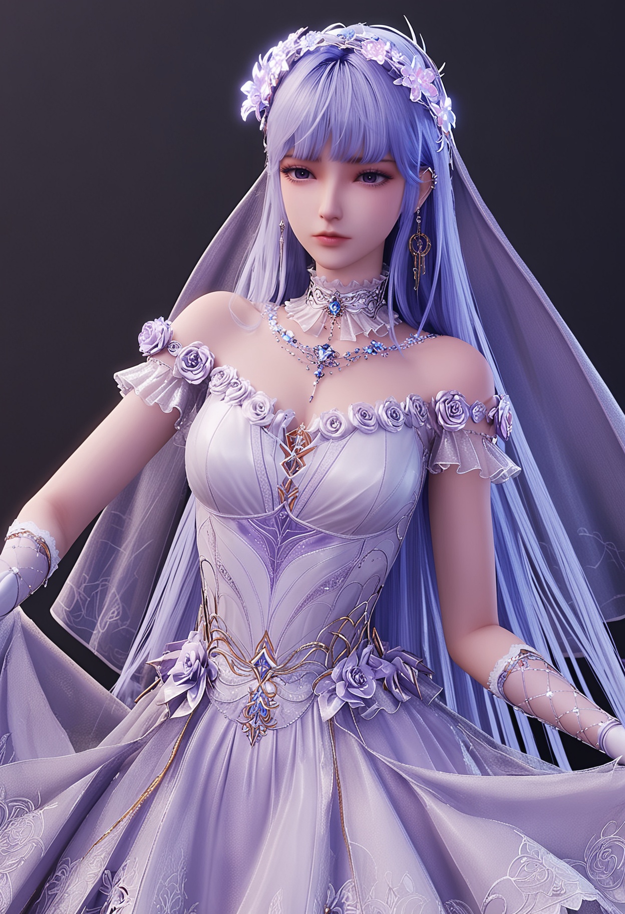 (looking_at_viewer:1.2),upper_body,(gigantic breasts:0.6),(slender:1.2),facing viewer,<lora:YQ_pony_shengcaier_fuzhuang4_V6:0.8>,q1528437228,1girl,solo,long hair,hair ornament,jewelry,earrings,hair flower,purple eyes,blue hair,veil,purple hair,blunt bangs,dress,gloves,high heels,wedding dress,bridal veil,necklace,detached collar,white dress,white gloves,white hair,choker,long dress,(simple background,pure black background,black background:1.1),perfect_anatomy,