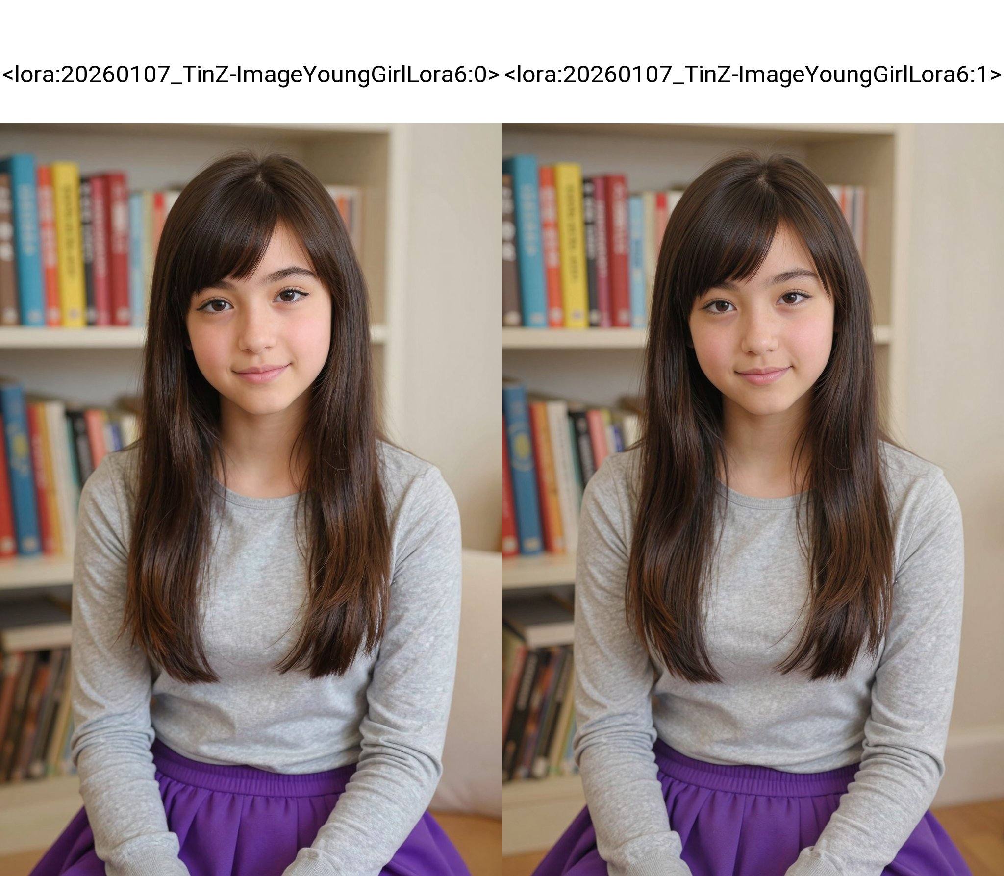 This photograph features an 15 year-old girl with long, straight, dark brown hair and bangs, wearing a light grey long-sleeve shirt and a purple skirt. She has a fair complexion, almond-shaped eyes with black eyeliner, and a subtle smile. She is seated, Background with a bookshelf filled with colorful books in the background. The setting appears to be a cozy, well-lit room. <lora:20260107_TinZ-ImageYoungGirlLora6:0>