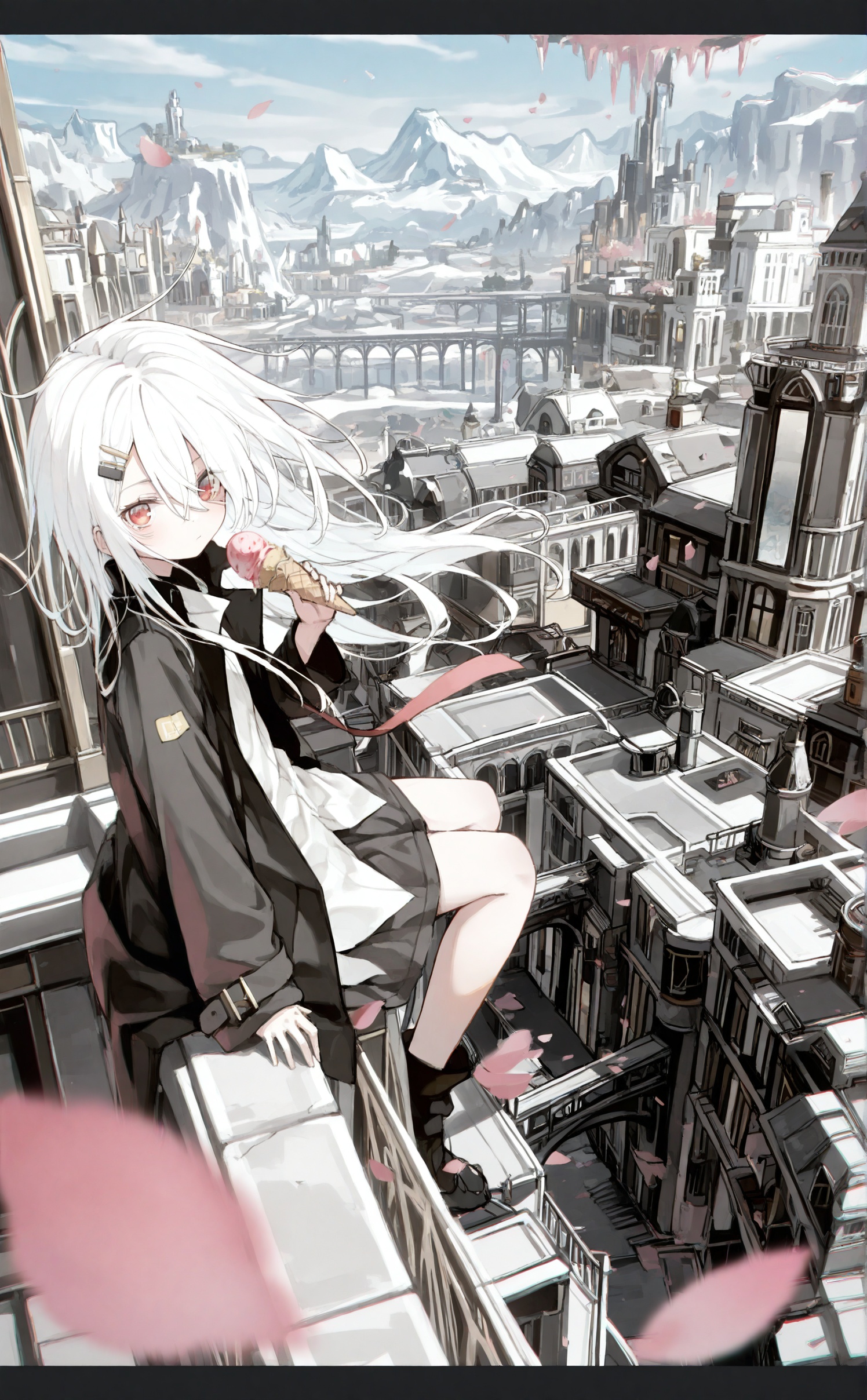 masterpiece,absurdres,best quality,loli,petite,high quality,chromatic_aberration,//,1girl, solo, ice cream cone, white hair, food, petals, ice cream, long hair, scenery, holding food, skirt, hair ornament, letterboxed, jacket, sitting, outdoors, holding, building, looking at viewer, black skirt, shirt, white shirt, mountain, hairclip, black jacket, hair between eyes, long sleeves, red eyes, city, cityscape, day, holding ice cream<lora:Nano_渡コキュー:0.8>,