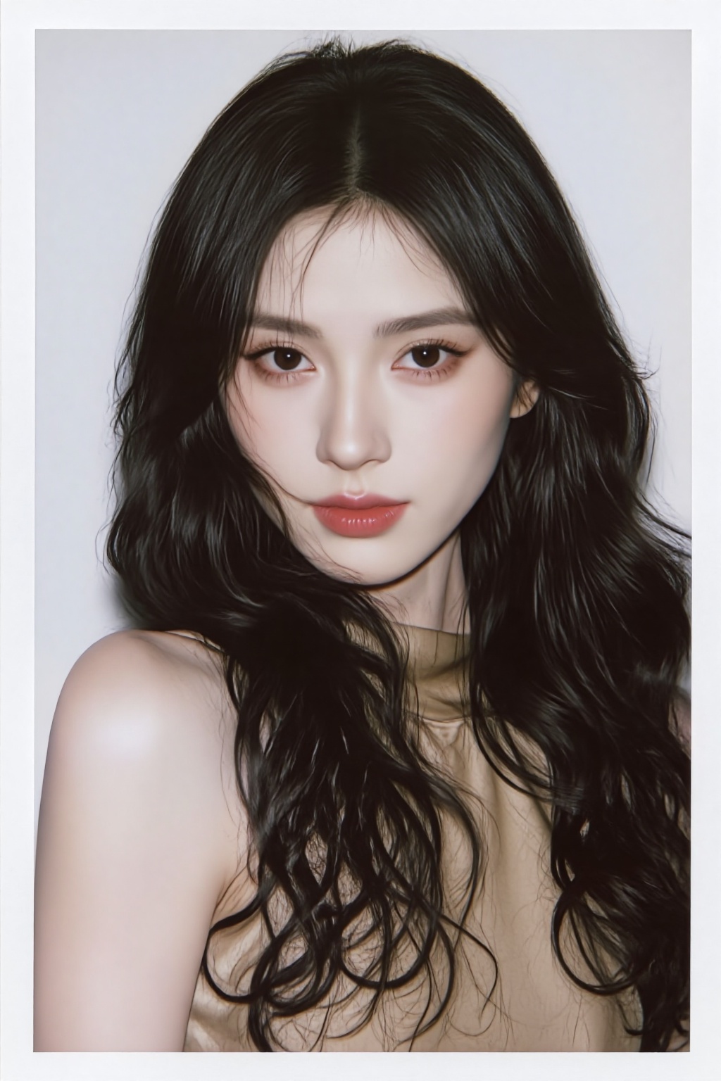 ZOZ_PLD,a photo-realistic portrait of a young woman with long,wavy black hair and striking brown eyes,she is positioned in the middle of the frame,facing directly at the viewer with a neutral expression,her hair is styled in loose waves and falls down her back,framing her face,she has a slim body and is wearing a sheer,beige top that accentuates her bare shoulders,the background is a plain,light grey,which contrasts with the womans natural beauty,the image has a soft,ethereal quality,with a focus on the subjects face and upper body,the lighting is soft and diffused,casting gentle shadows that accentuate her features,the overall effect is one of serenity and vulnerability,