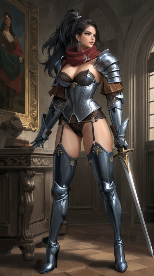 (best quality), ((masterpiece)), (highres), illustration, original, extremely detailed,   <lora:ACG ART3_XL:0.7>1girl, breasts, solo, thighhighs, long hair, blue eyes, boots, weapon, high heels, large breasts, cleavage, sword, armor, black hair, ponytail, jewelry, thigh boots, gauntlets, earrings, pauldrons, high heel boots, scarf, standing, shoulder armor, cross-laced footwear, garter straps
