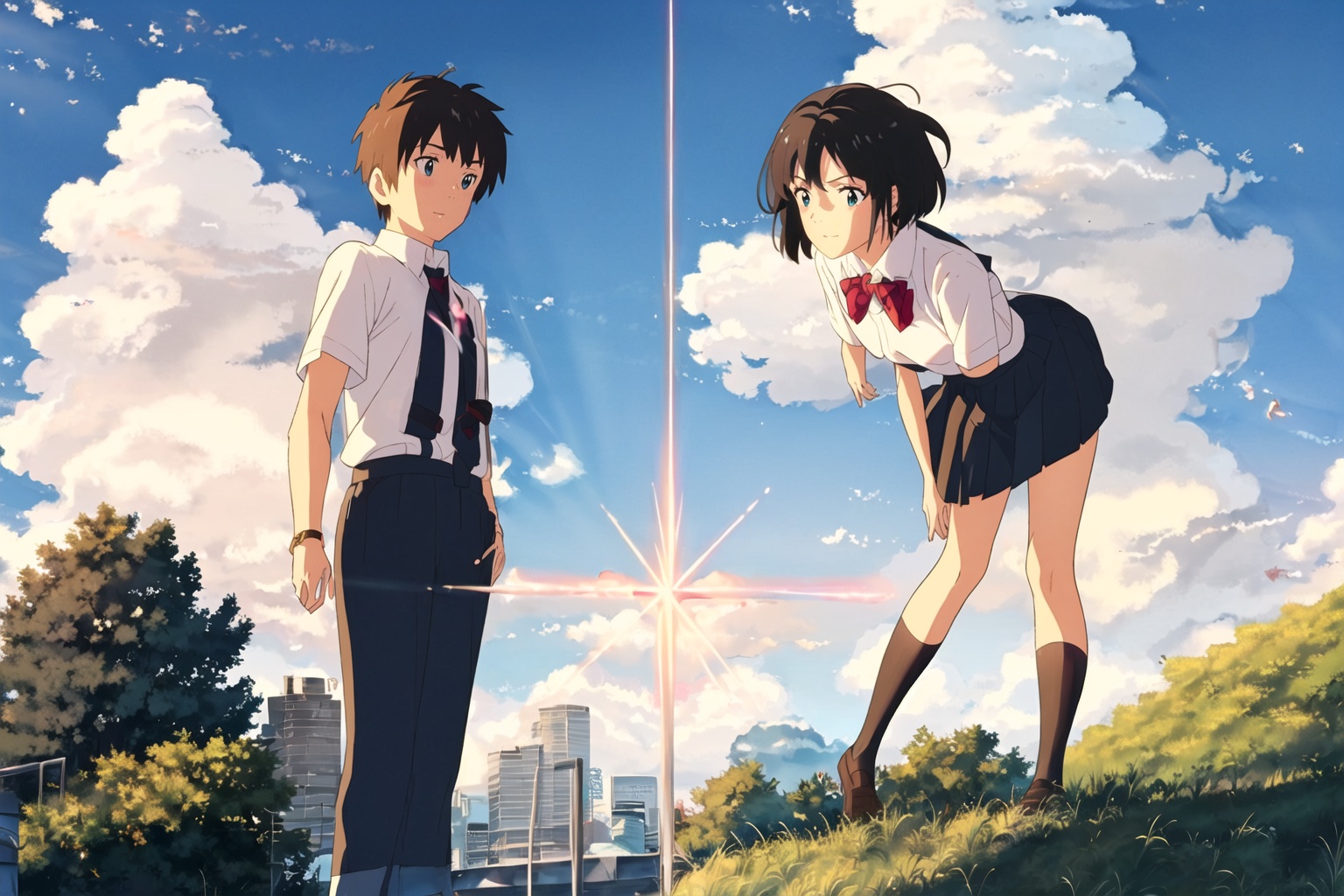 dream, New Haicheng Animation Style, 1girl, short hair, blue eyes, skirt, brown hair, shirt, black hair, 1boy, bow, ribbon, brown eyes, school uniform, standing, white shirt, short sleeves, pleated skirt, outdoors, necktie, sky, shoes, day, socks, striped, pants, cloud, bowtie, black skirt, looking at another, red bow, red ribbon, tree, blue sky, kneehighs, cloudy sky, black socks, building, red bowtie, scenery, hand in pocket, striped bow, hands in pockets, striped necktie, diffraction spikes, miyamizu mitsuha