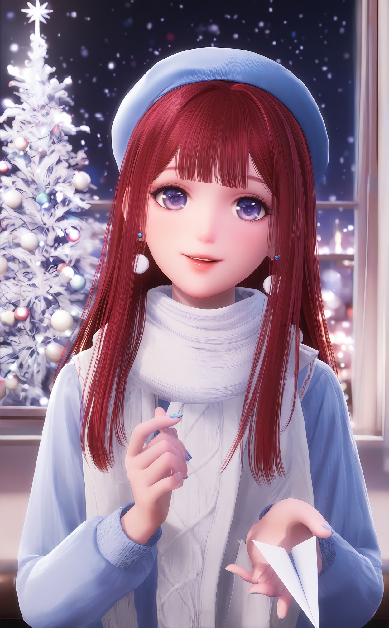 masterpiece,very aware,highres,absurdres,newest,best quality,loli,petite,high quality,chromatic_aberration,White Theme,//,nuannuan, 1girl, solo, long_hair, red_hair, scarf, earrings, jewelry, hat, sweater, paper_airplane, window, blurry, teeth, upper_body, long_sleeves, indoors, parted_lips, purple_eyes, blue_eyes, smile, depth_of_field, looking_at_viewer, christmas_tree, white_scarf, beret, christmas, holding, nail_polish, winter_clothes, blue_nails, food, winter, lips, white_sweater, snowing, night, blunt_bangs, cable_knit//,<lora:nuannuan2——【noob】hans:1>,