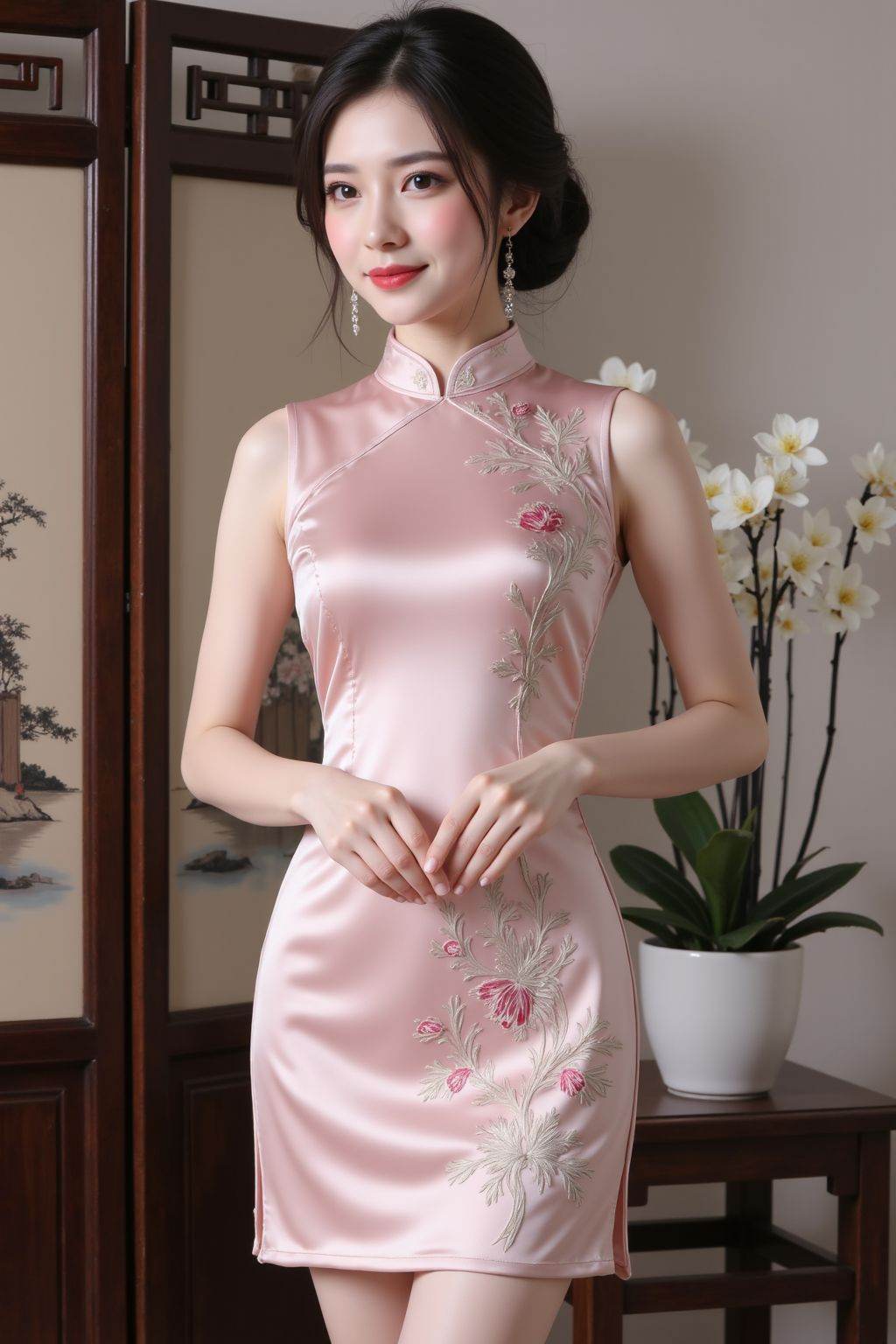 The image shows a woman dressed in a traditional Chinese-style short dress,which is a silk satin gown with intricate floral embroidery. The dress is pink and features a high neckline. She is standing in front of a decorative folding screen with a subtle landscape painting. To her right,there is a small table with a white pot containing a plant with white flowers. The overall setting appears to be indoors,with a soft and elegant ambiance.,halter neck cheongsam,cheongsam,