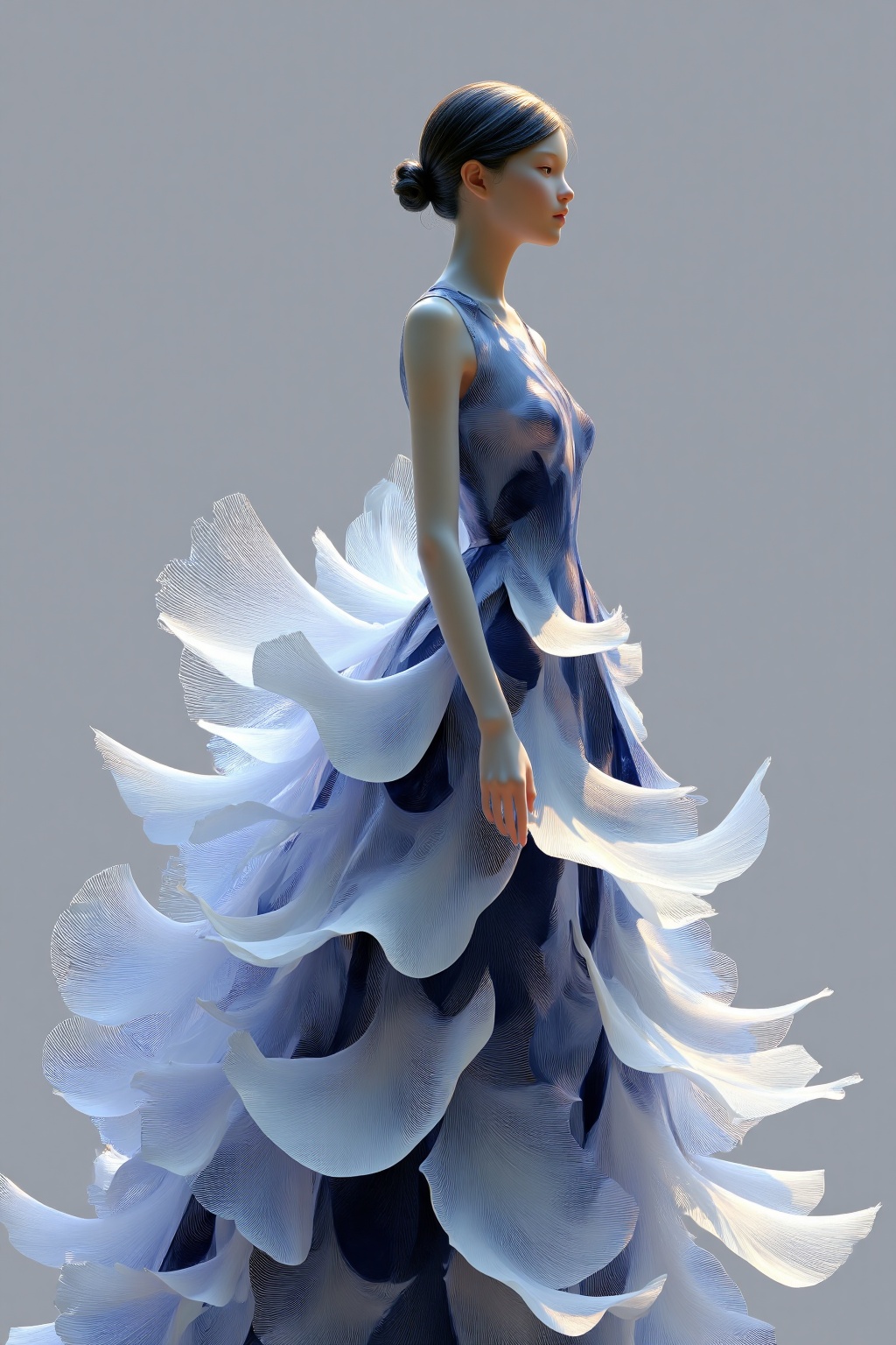 beijihui,a 3D rendering of a woman in a black and white dress is adorned with a large flower-like design. The woman's hair is pulled back in a bun, and she's looking to the right side of the frame. The background is a stark gray, and the woman's dress is a deep navy blue, while the flower-shaped design is a lighter shade of white, creating a contrast with the light-colored background.