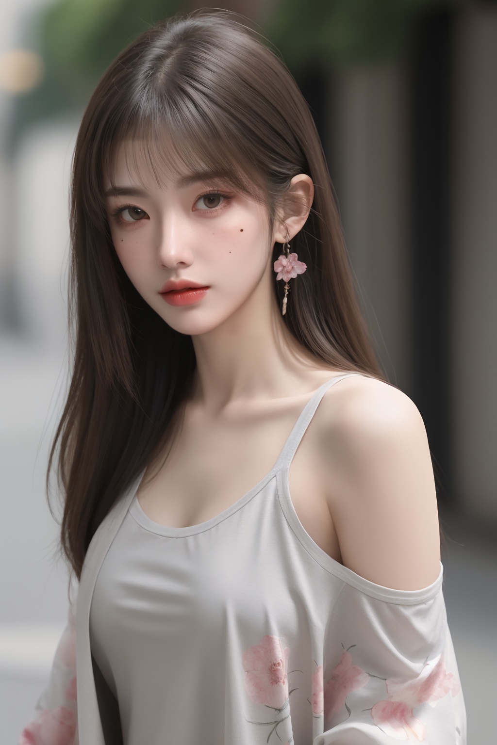 1girl, bangs, bare shoulders, blurry, blurry background, clothes writing, depth of field, floral print, jacket, lips, long hair, looking at viewer, mole, mole under eye, multicolored hair, off shoulder, open clothes, print shirt, shirt, solo, **** top, two-tone hair, upper body ,breasts, <lora:完美世界美女—清漪_1.0:0.66>