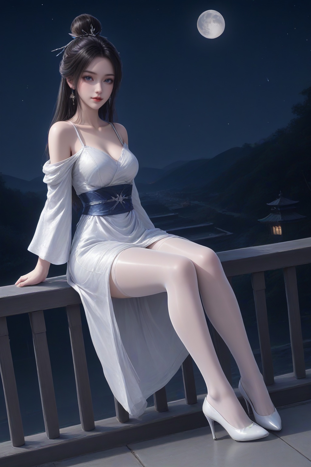 <lora:luxueqi_v1-000012:0.5>,luxueqi,1girl,solo,hair ornament,hair bun,facial mark,single hair bun,shiny,closed mouth,long hair,lips,lipstick,red lips,white dress,earrings,black hair,jewelry,dress,hair ornament,sash,shorts,moon,railing,clothing cutout,long sleeves,night sky,[moon],star \(sky\),chinese style architecture,lantern,looking at viewer,light smile,standing,(hands folded over the lower abdomen:1.2),full body,masterpiece,highres,absurdres,best quality,8K,high-res detailed,<lora:sh-glossy_r2:0.7>,white_pantyhose,high heels,louboutin heels,(white heels:1.2),footwear,<lora:Louboutin_Heels__PONY:0.5>,