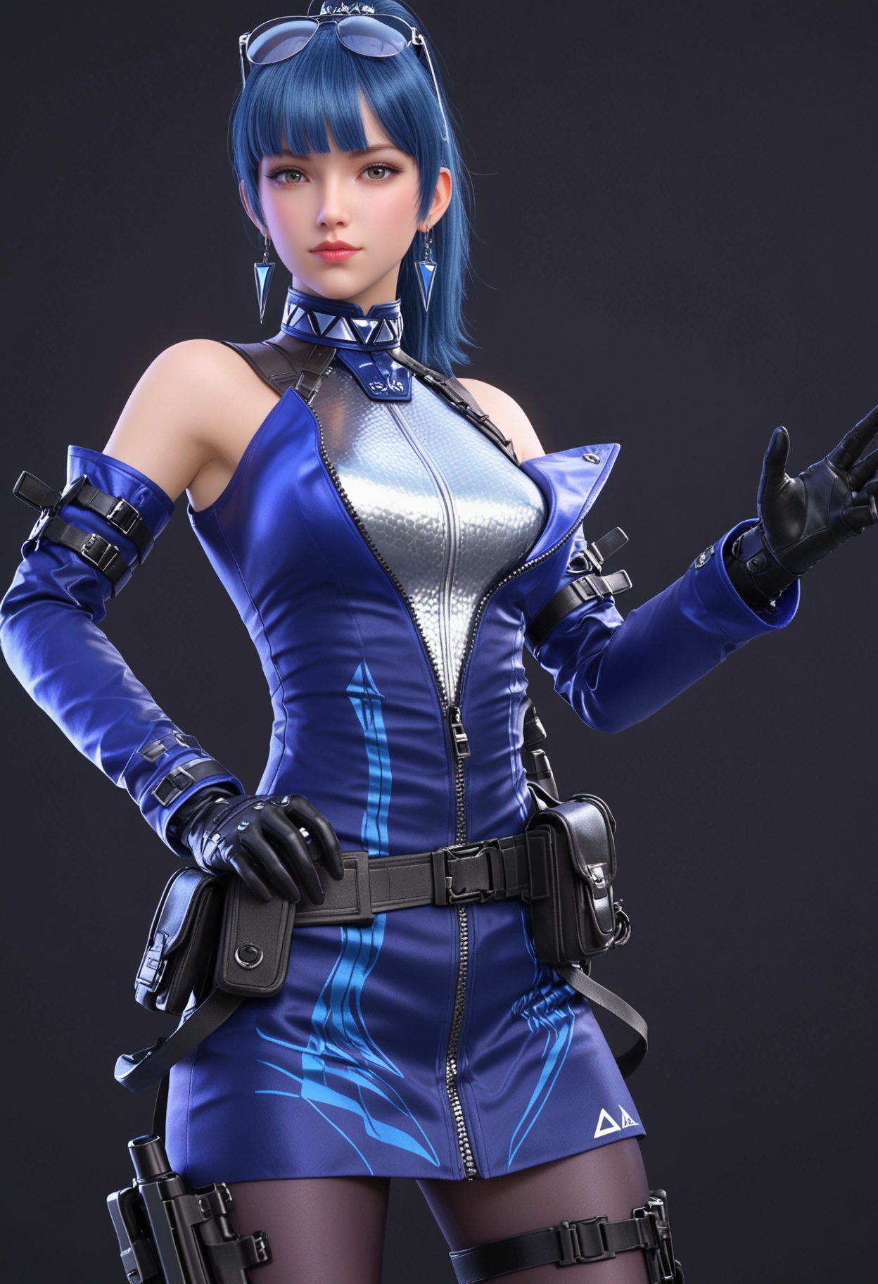 (upper_body:1.2),(looking at viewer:1.1),facing viewer,direct gaze,<lora:YQ_pony_wumengmeng_V4:0.8>,1girl,q1528437228,solo,blue hair,eyewear on head,earrings,gloves,jewelry,ponytail,detached sleeves,long hair,pantyhose,belt,dress,holster,blunt bangs,black hair,jacket,brown eyes,thigh holster,collar,sleeveless,blue eyes,skirt,blue dress,grey eyes,belt pouch,thigh strap,BREAK (simple background,pure black background,black background:1.1),perfect anatomy,